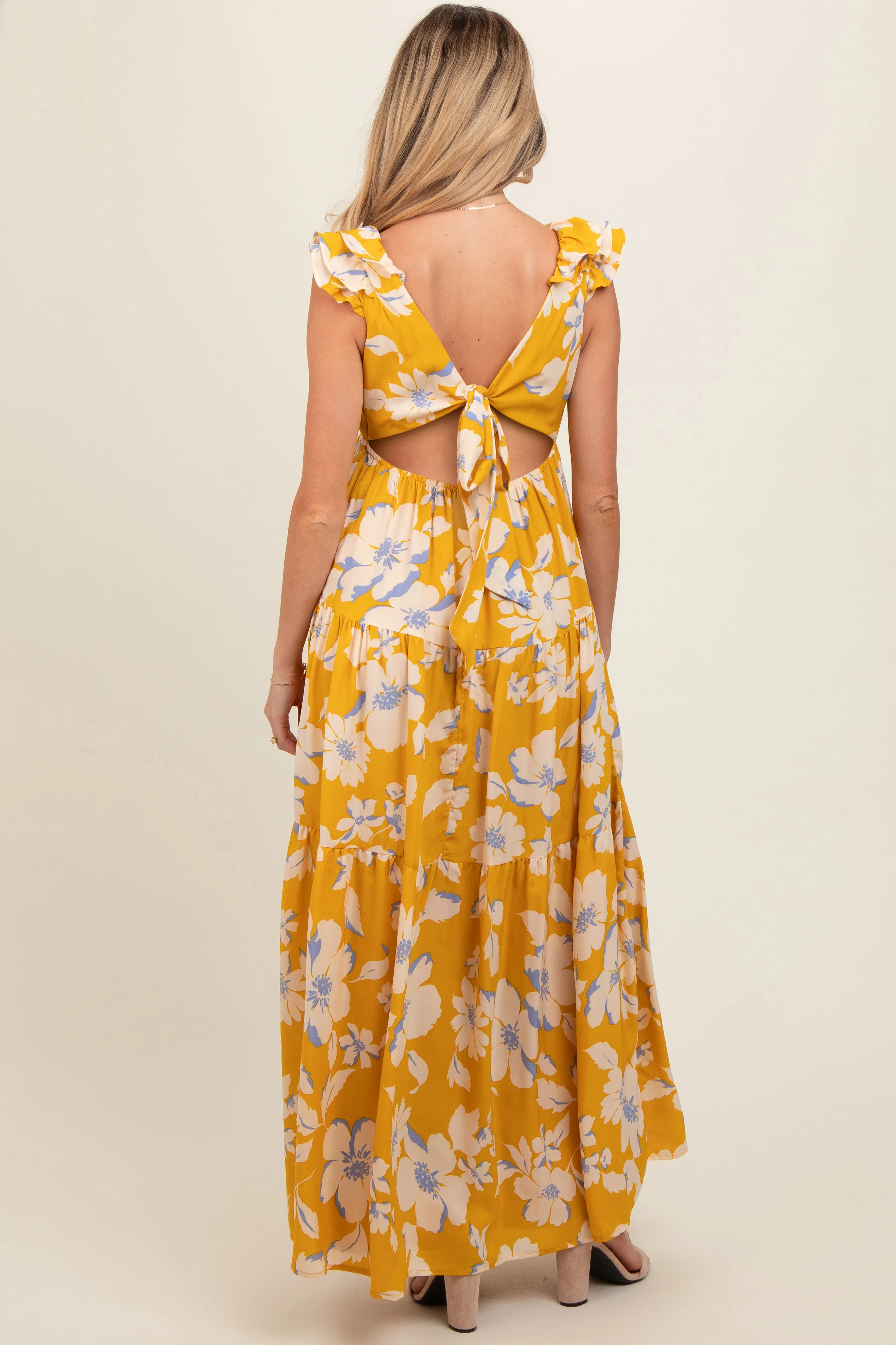 Yellow Floral Deep V-Neck Open Back Maternity Maxi Dress sold by Pinkblush product image thumbnail 4