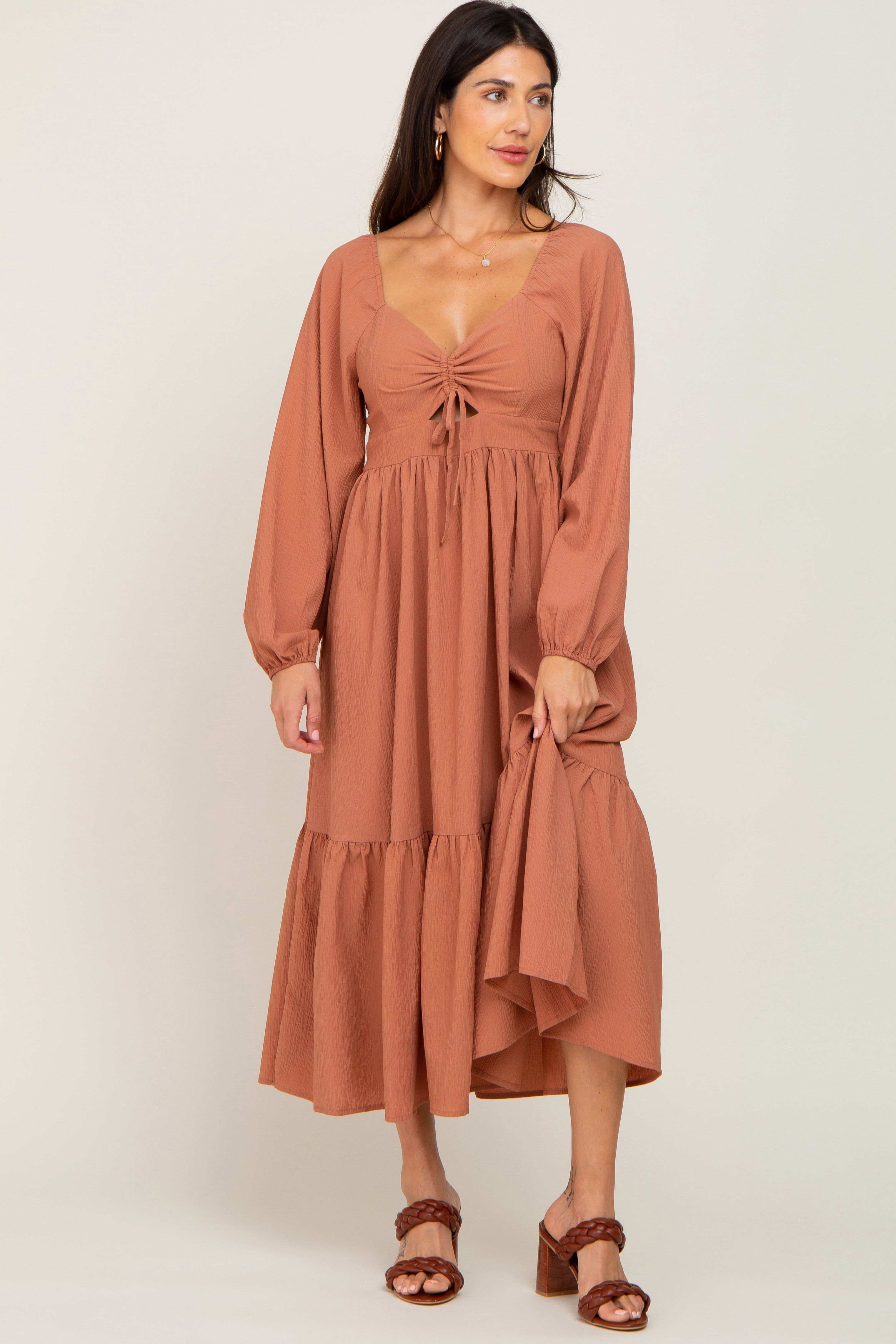 Camel Cinched Cutout Midi Dress sold by Pinkblush