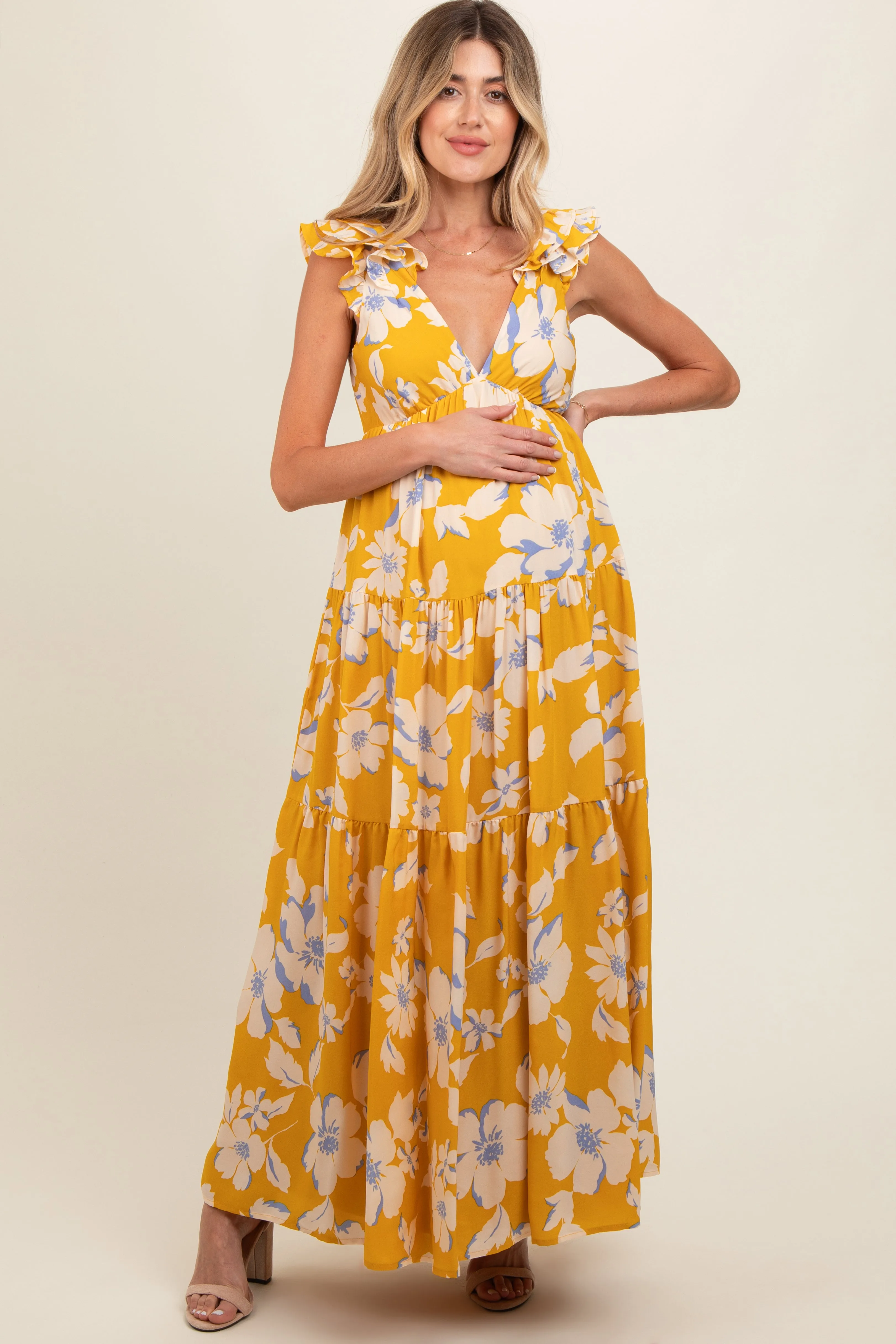 Yellow Floral Deep V-Neck Open Back Maternity Maxi Dress sold by Pinkblush