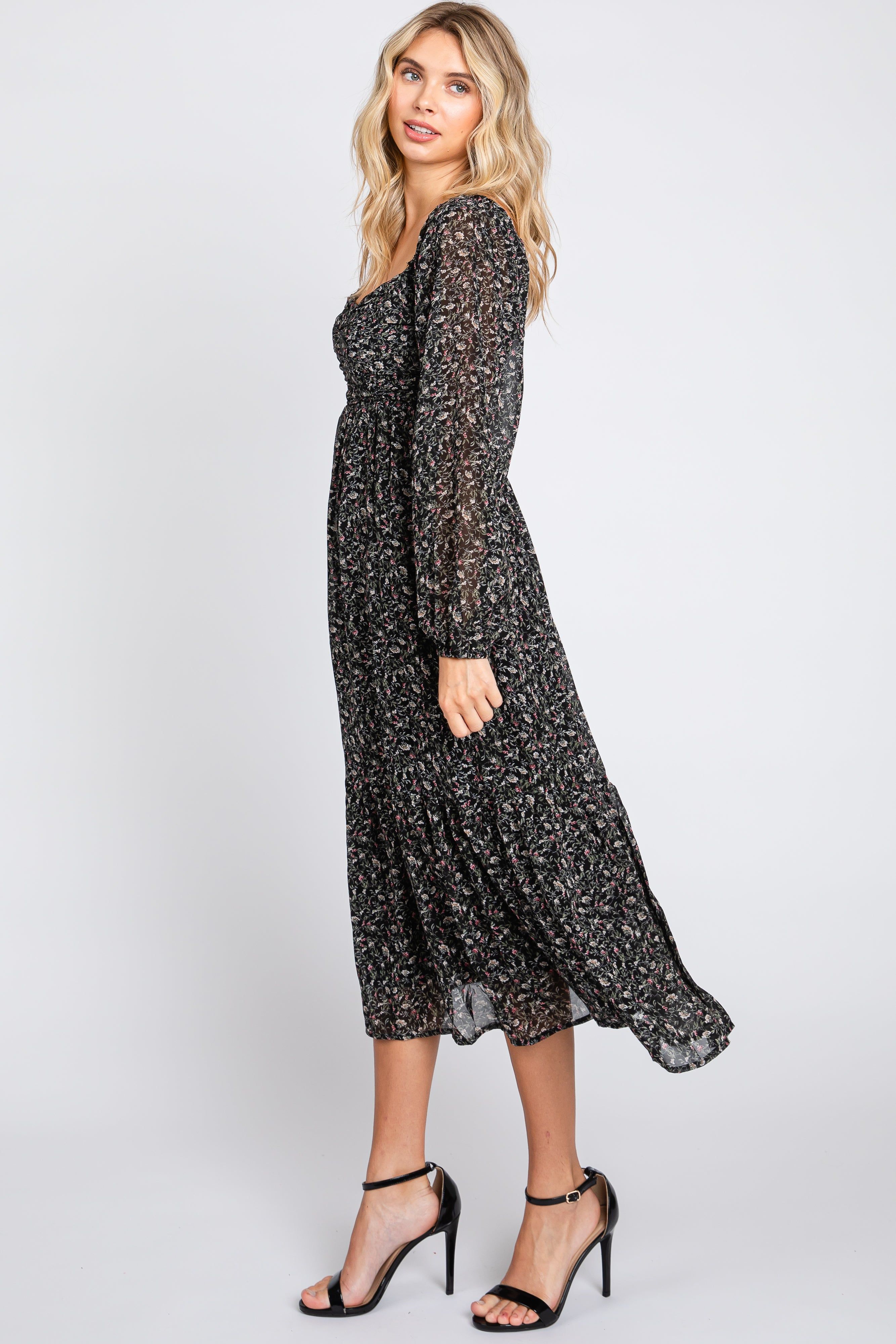 Black Floral Pleated Midi Dres sold by Pinkblush product image thumbnail 2