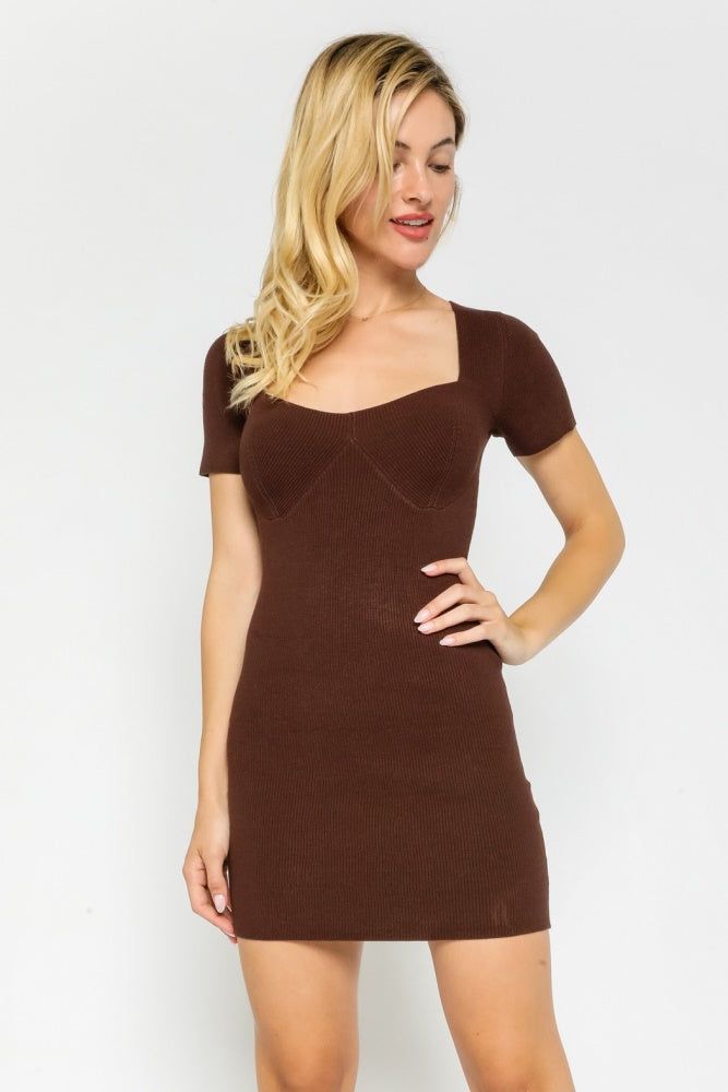 Brown Ribbed Sweetheart Dress sold by Pinkblush