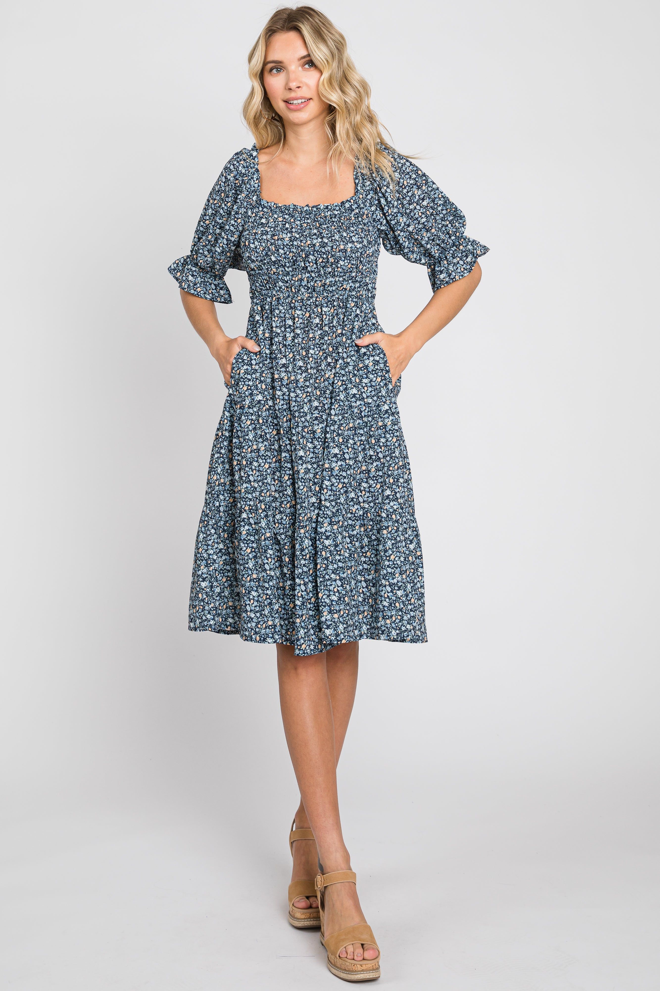 Black Floral Smocked Tiered Dress sold by Pinkblush product image thumbnail 4