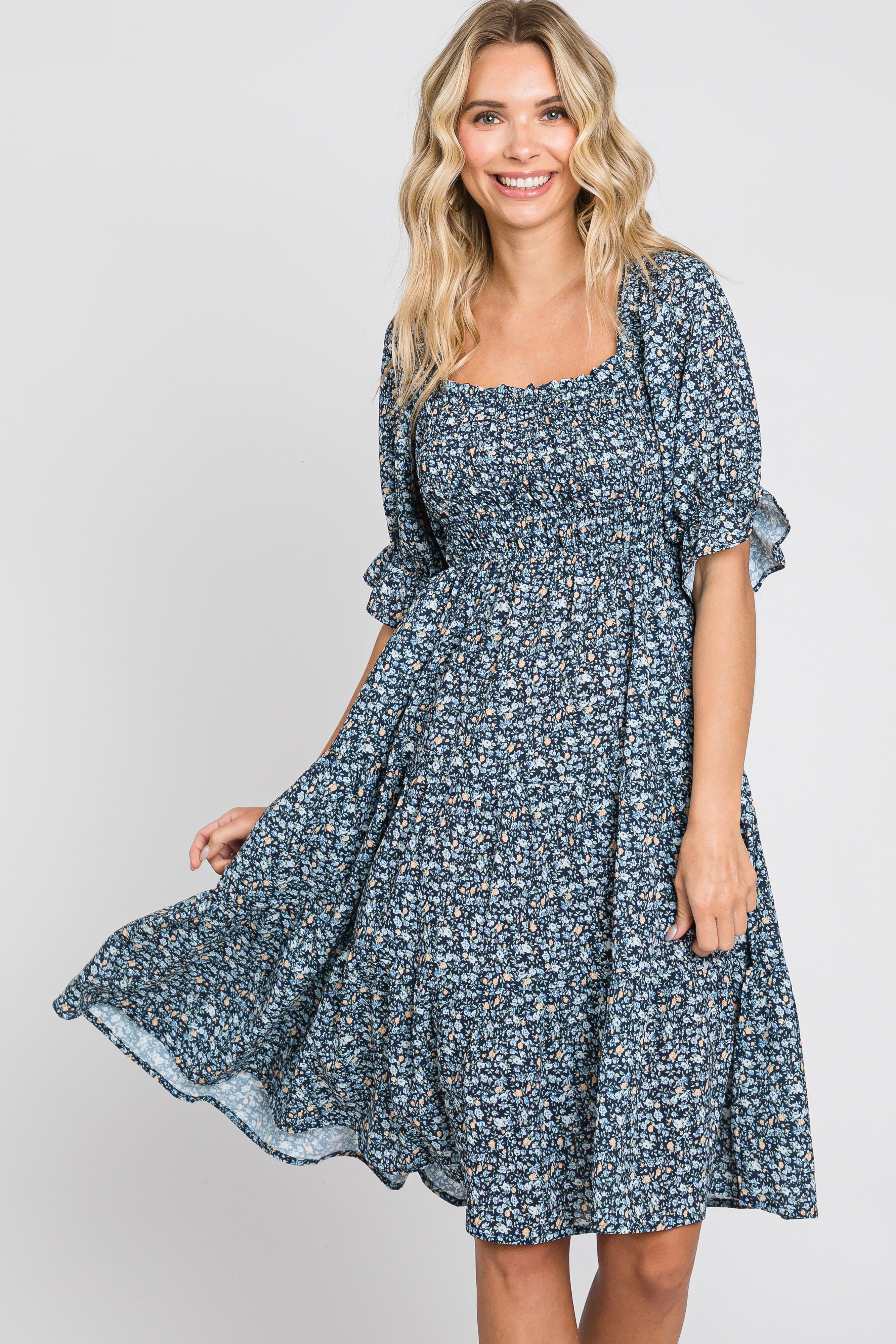 Black Floral Smocked Tiered Dress sold by Pinkblush