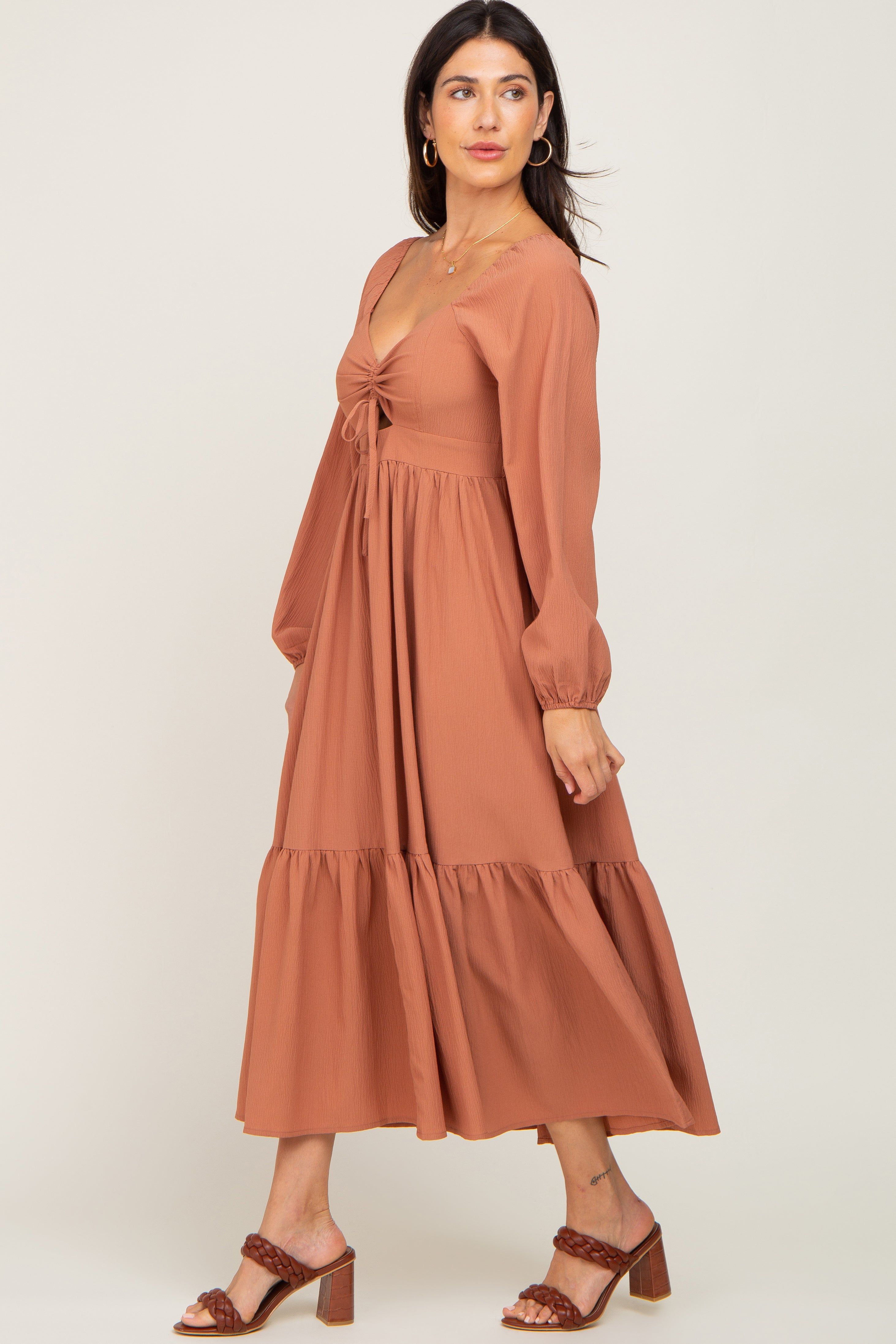 Camel Cinched Cutout Midi Dress sold by Pinkblush product image thumbnail 2