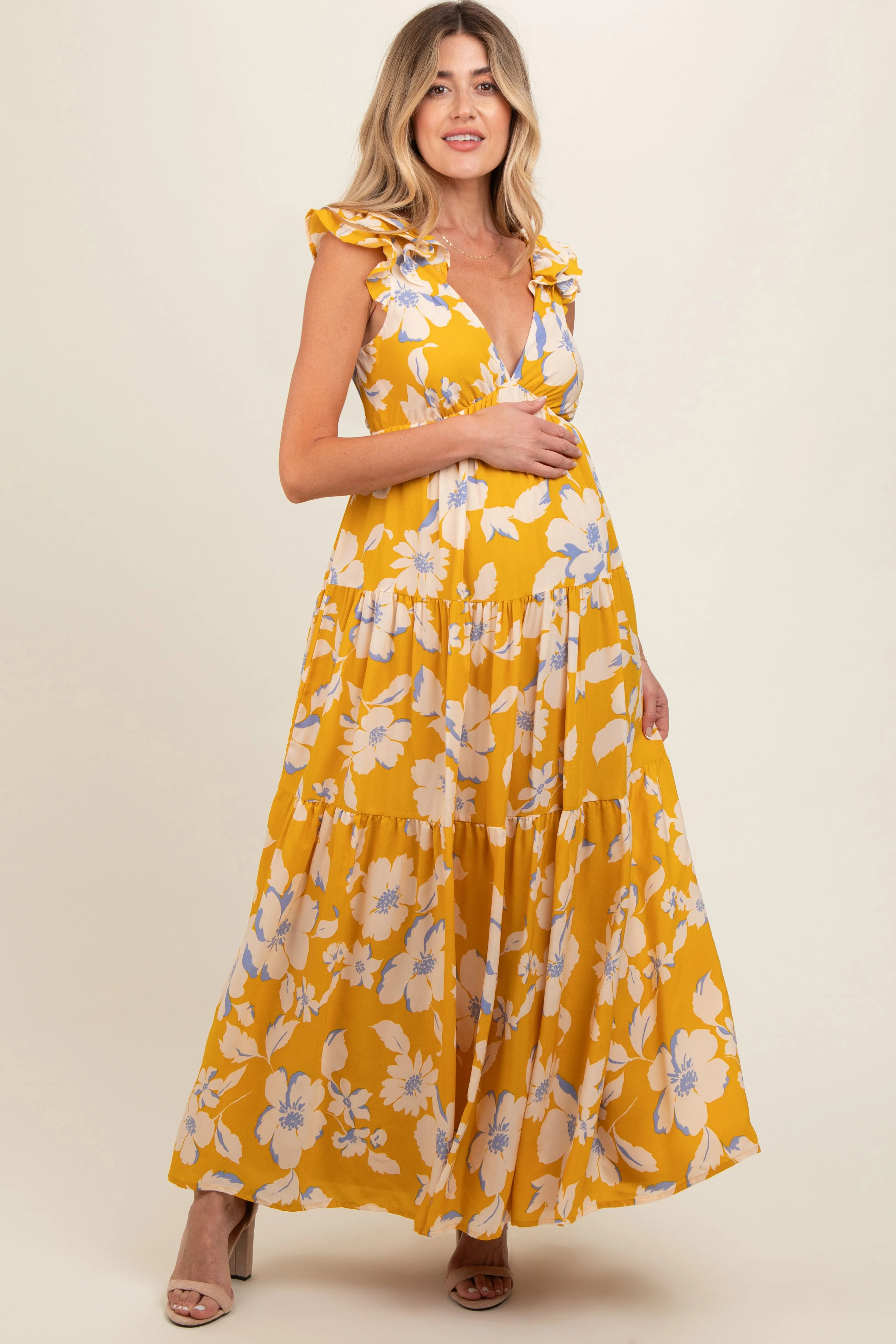 Yellow Floral Deep V-Neck Open Back Maternity Maxi Dress sold by Pinkblush product image thumbnail 2