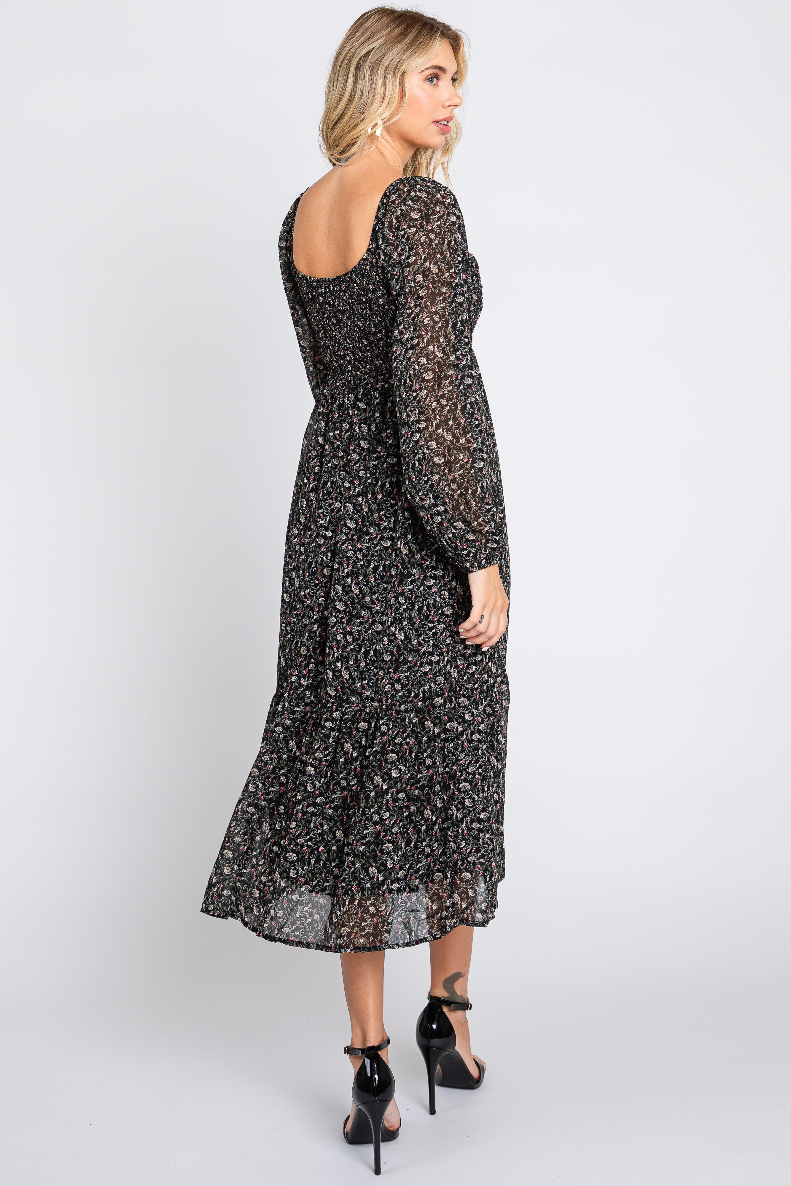 Black Floral Pleated Midi Dres sold by Pinkblush product image thumbnail 3