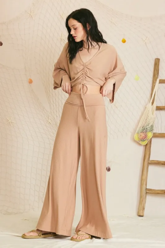 Mocha Ribbed Foldover Waist Wide Leg Pants sold by Pinkblush