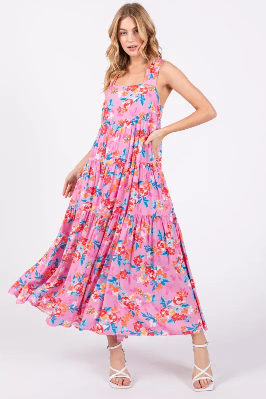 Pink Floral Sleeveless Tiered Maxi Dress sold by Pinkblush