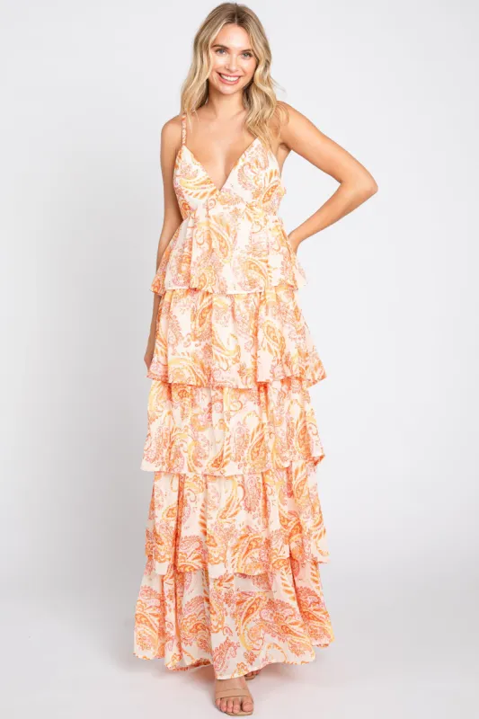 Ivory Floral Chiffon Open Back Tiered Maxi Dress sold by Pinkblush