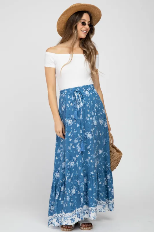 Blue Floral Button Front Maternity Maxi Skirt sold by Pinkblush