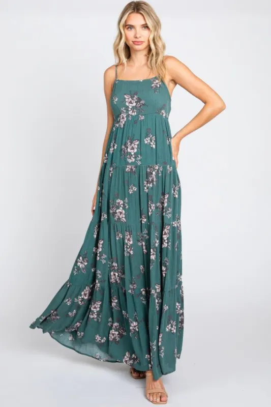 Teal Ditsy Floral Tiered Maxi Dress sold by Pinkblush