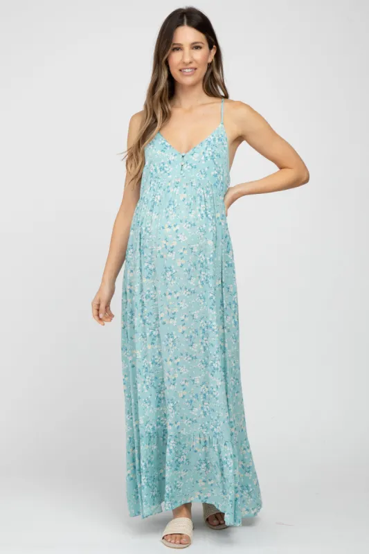 Light Blue Floral Sleeveless Ruffle Hem Maternity Maxi Dress sold by Pinkblush