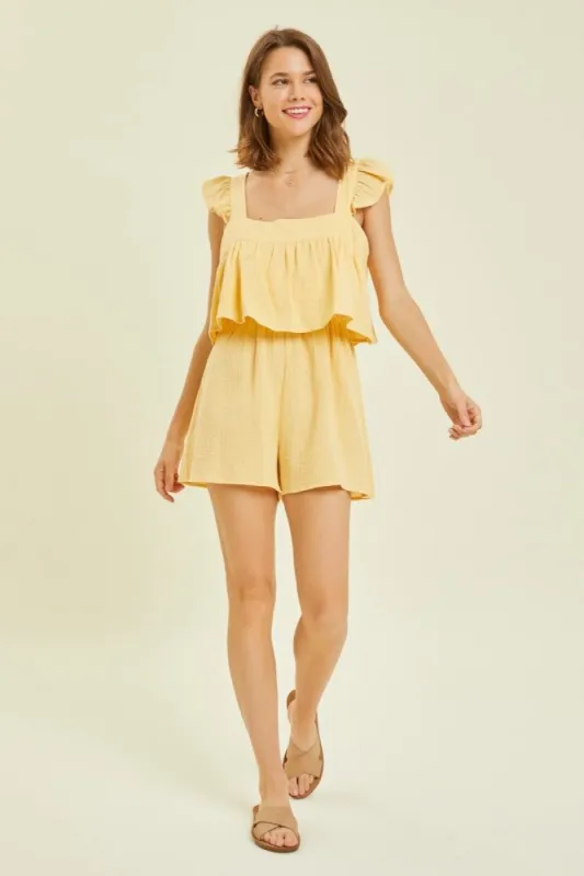 Yellow Gauze Square Neck Romper With Mini Ruffles sold by Pinkblush