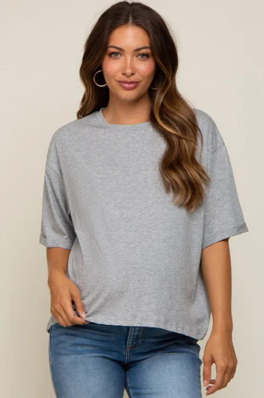 Heather Grey Basic Rolled Short Sleeve Maternity T-Shirt sold by Pinkblush