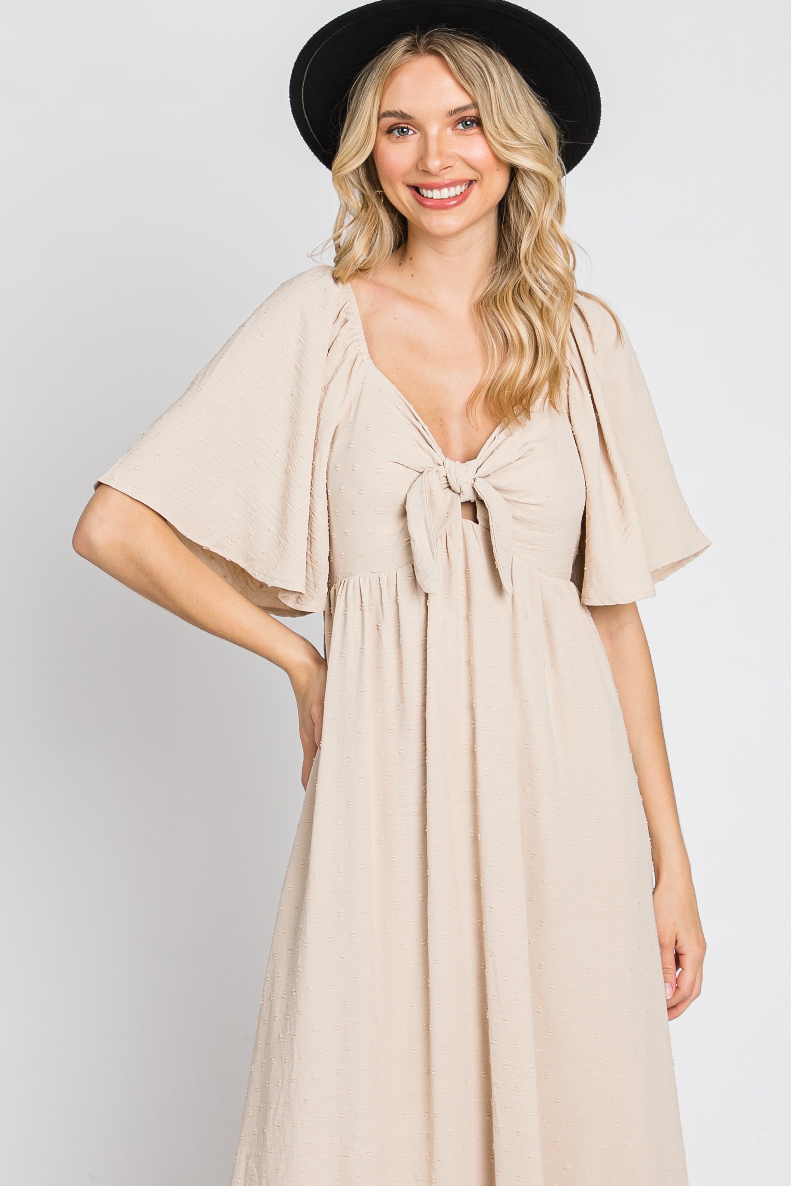Beige Textured Dot Front Tie Ruffle Sleeve Midi Dress sold by Pinkblush product image thumbnail 9