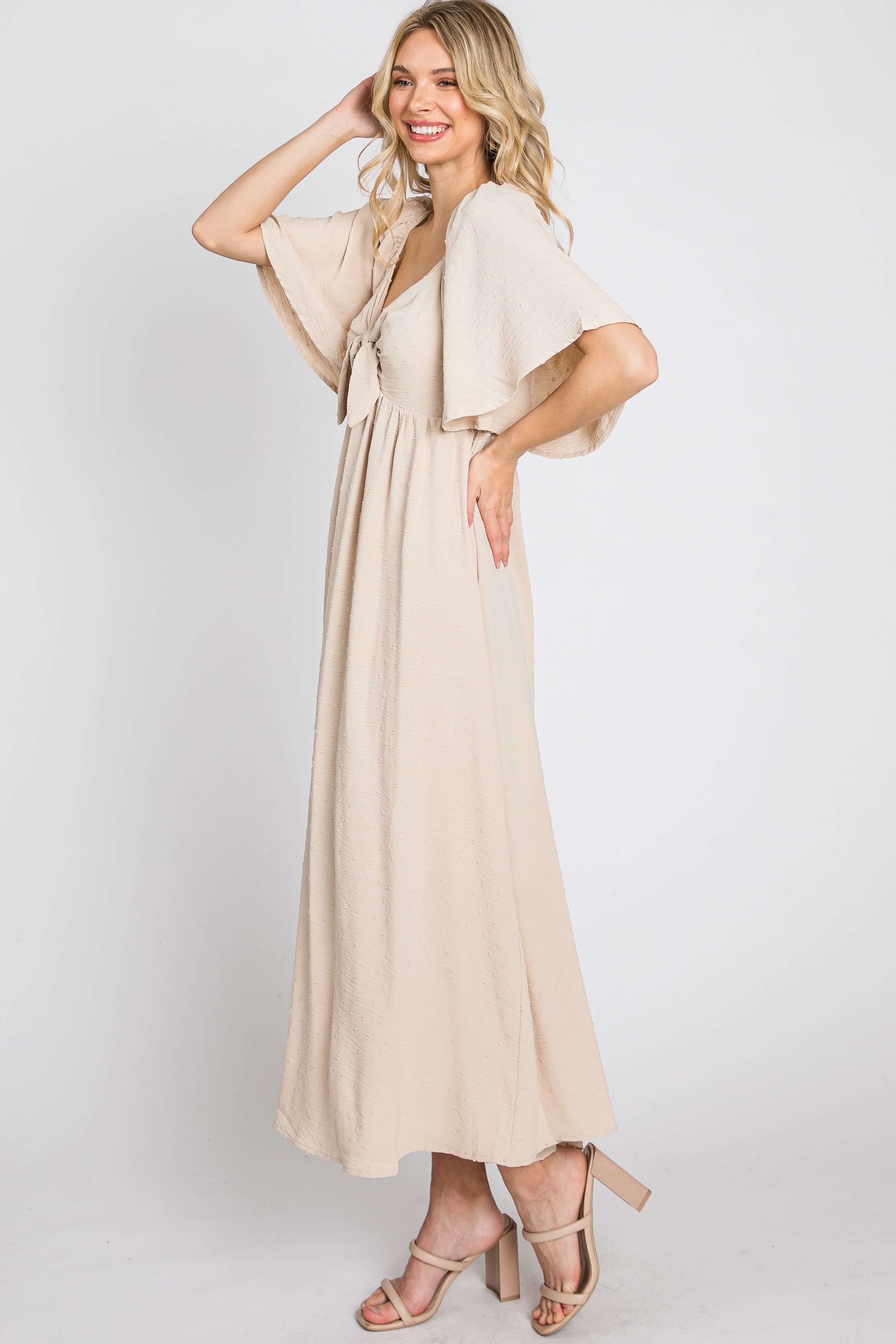 Beige Textured Dot Front Tie Ruffle Sleeve Midi Dress sold by Pinkblush product image thumbnail 6
