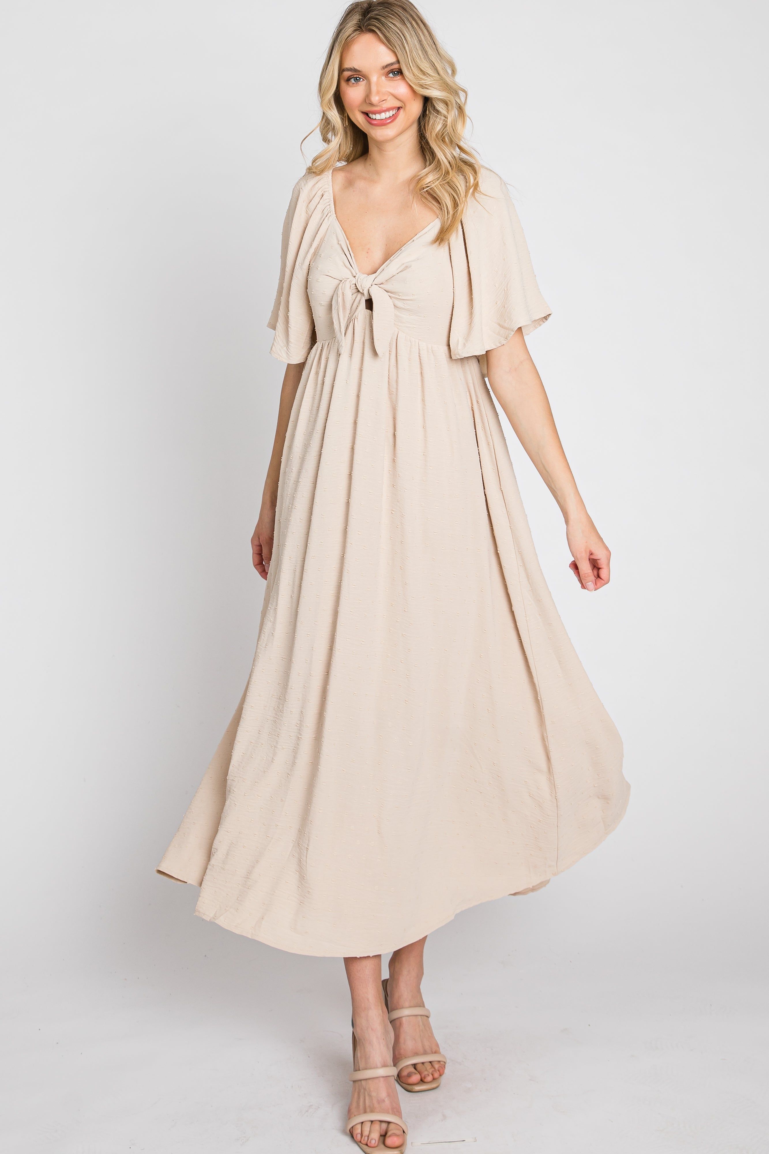 Beige Textured Dot Front Tie Ruffle Sleeve Midi Dress sold by Pinkblush product image thumbnail 3