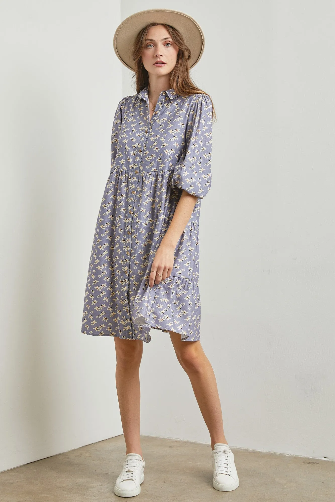 Light Blue Floral Button Front 3/4 Sleeve Dress sold by Pinkblush product image thumbnail 2