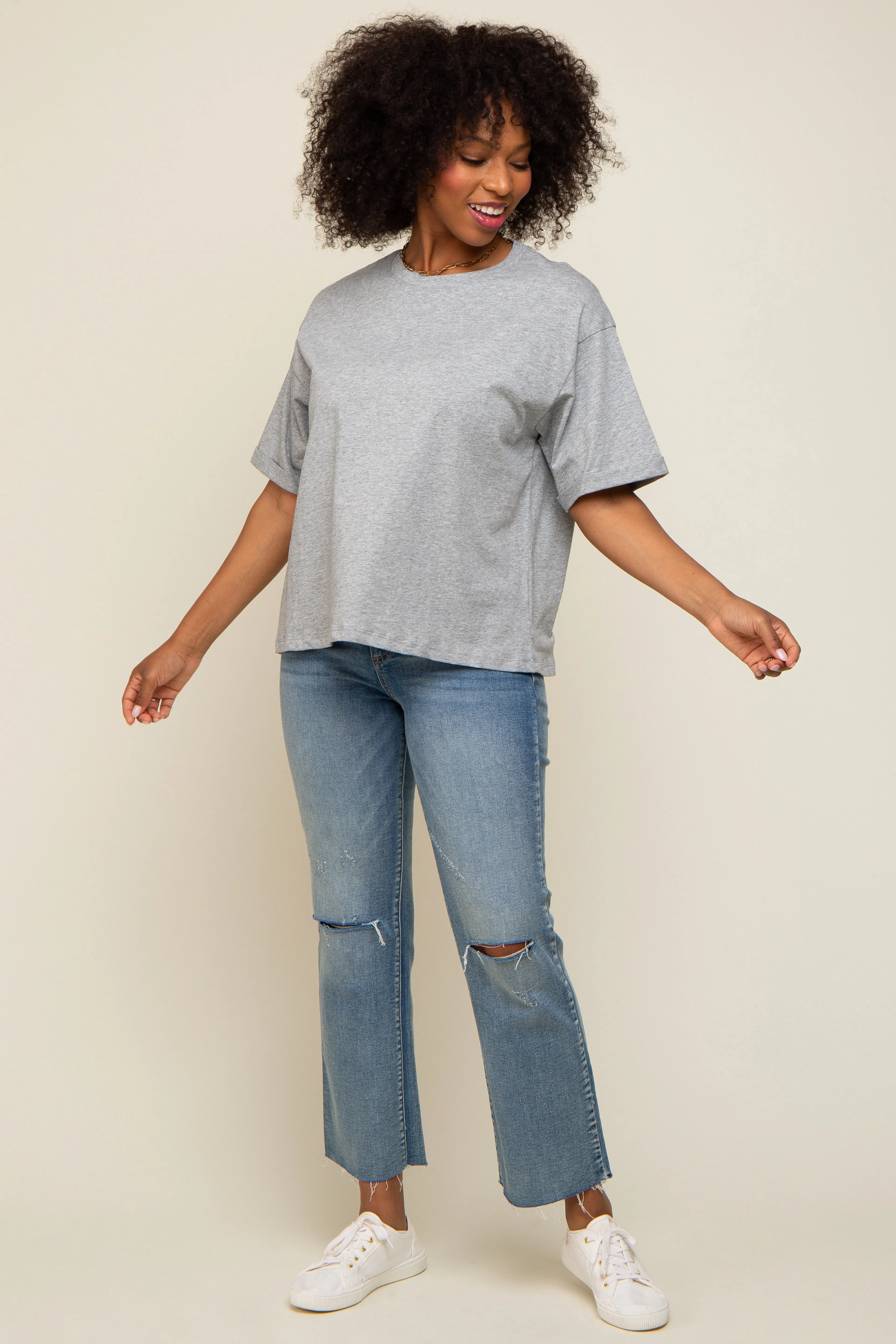 Heather Grey Basic Rolled Short Sleeve Maternity T-Shirt sold by Pinkblush product image thumbnail 5