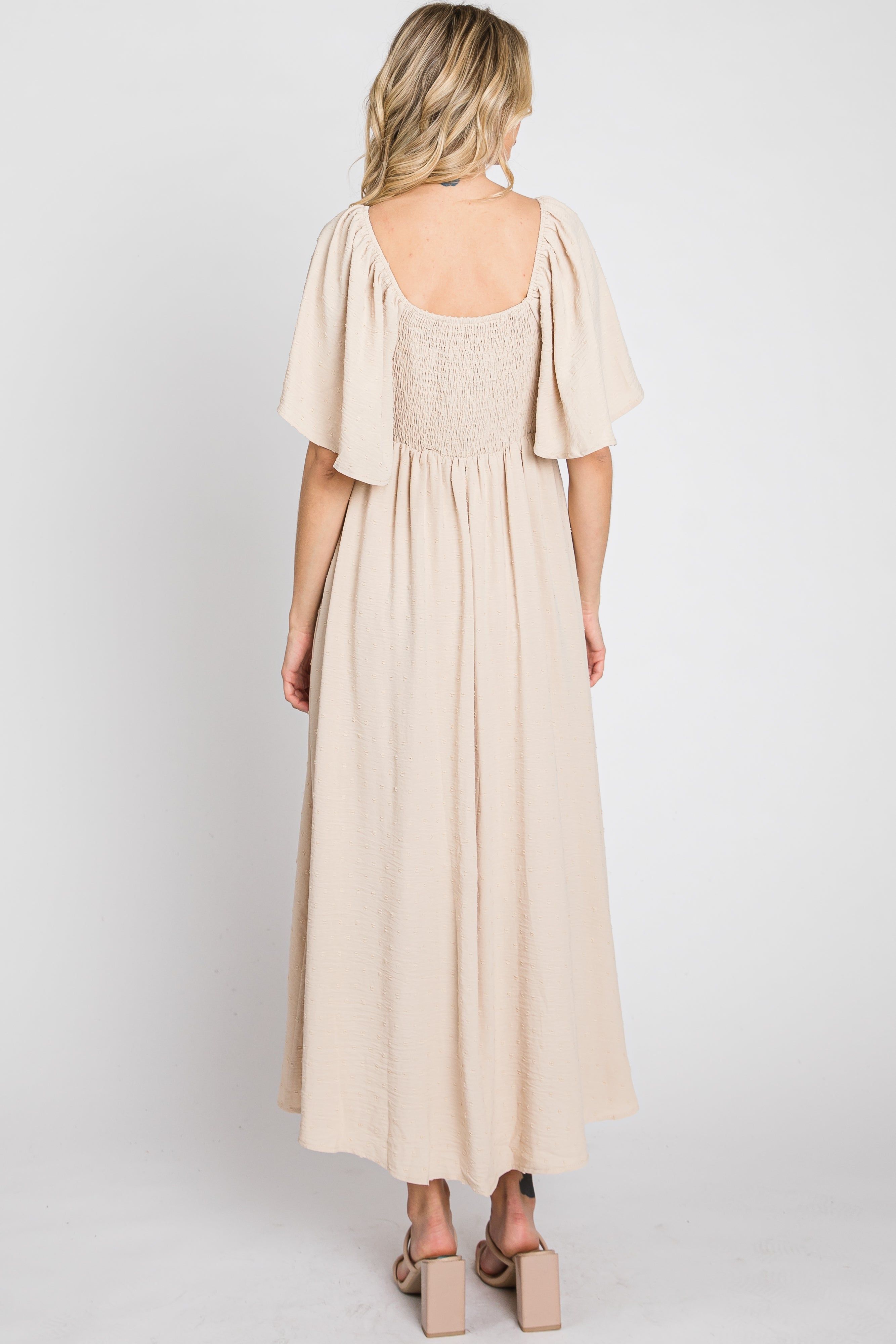 Beige Textured Dot Front Tie Ruffle Sleeve Midi Dress sold by Pinkblush product image thumbnail 7