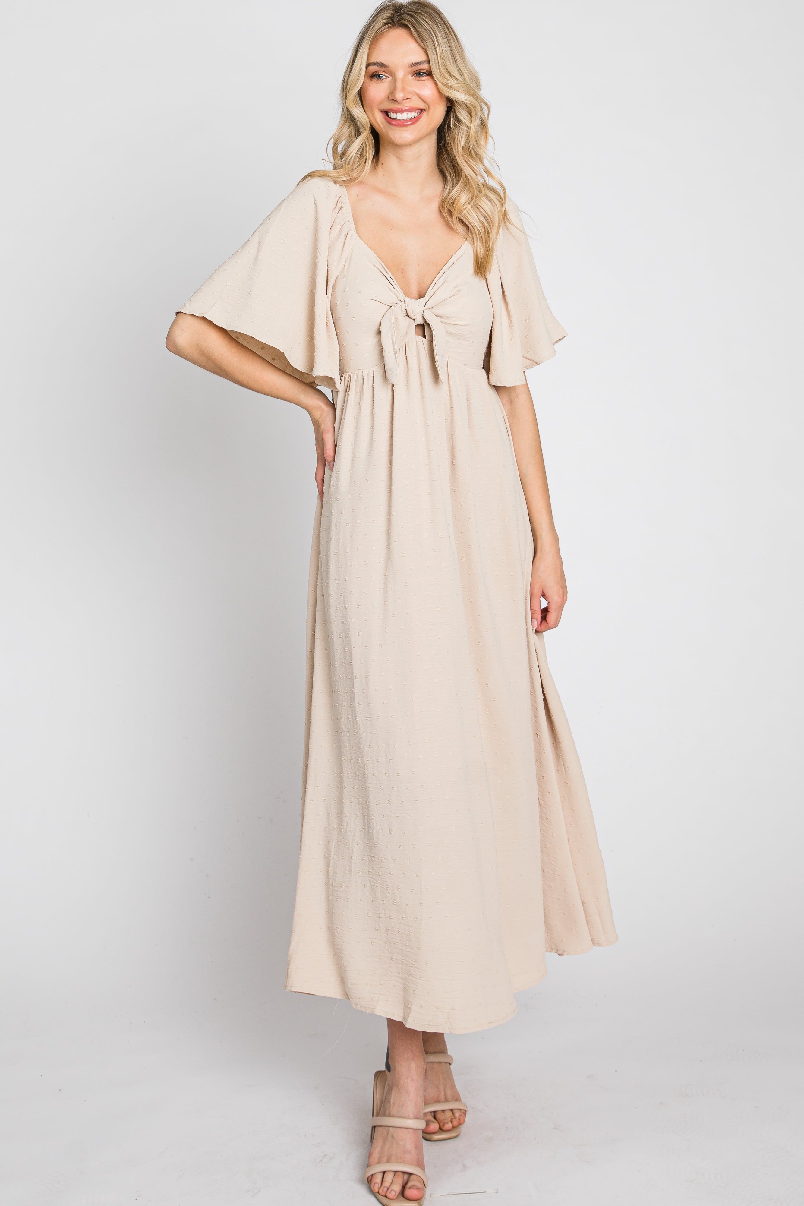 Beige Textured Dot Front Tie Ruffle Sleeve Midi Dress sold by Pinkblush product image thumbnail 4