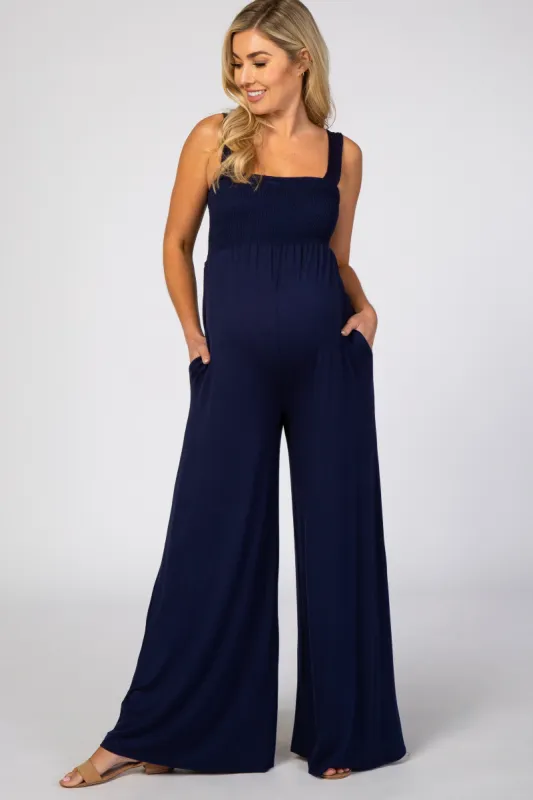 Navy Sleeveless Wide Leg Maternity Jumpsuit sold by Pinkblush