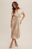 Beige Satin V-Neck Fringe Detail Midi Dress sold by Pinkblush