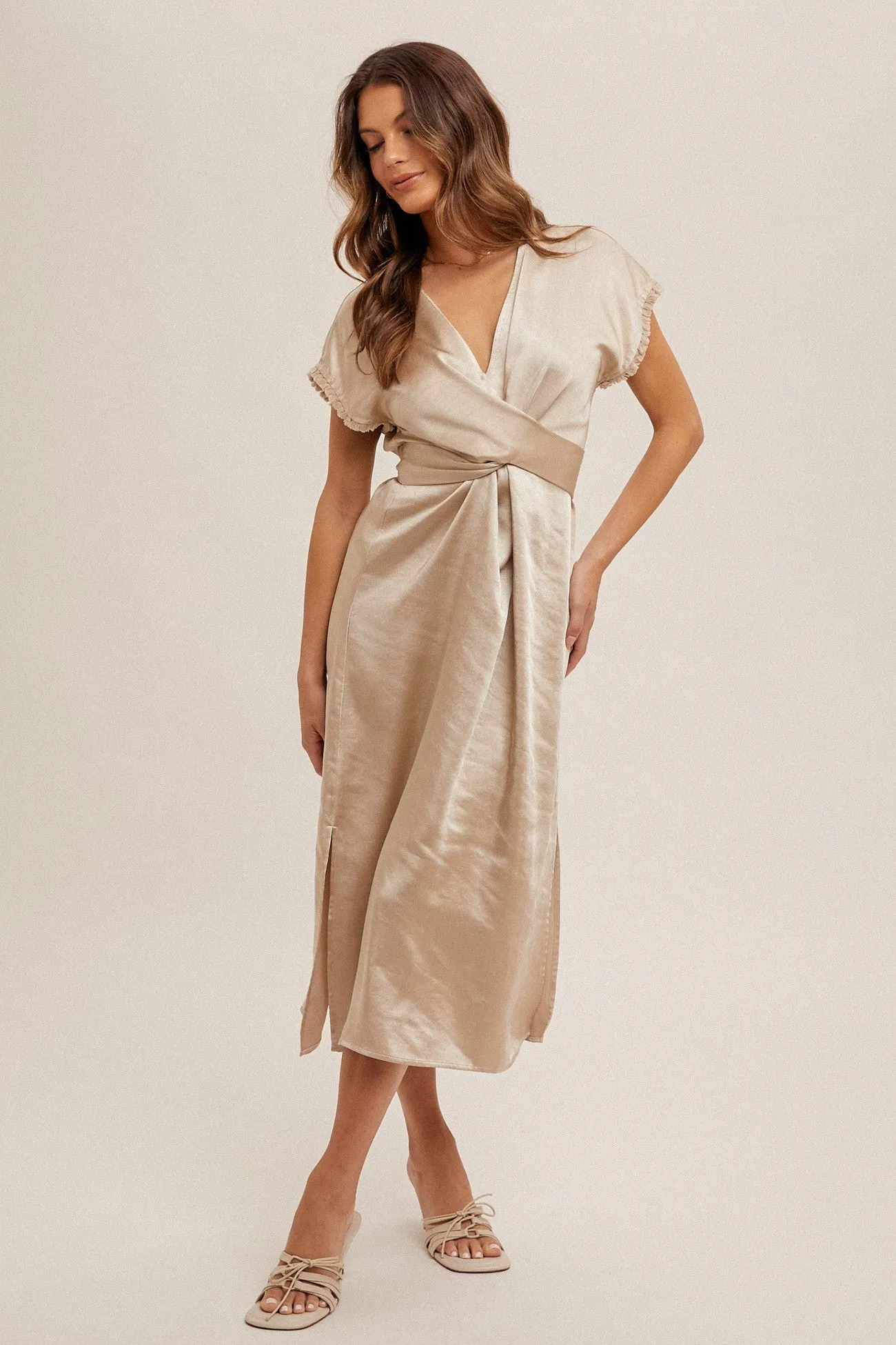 Beige Satin V-Neck Fringe Detail Midi Dress sold by Pinkblush