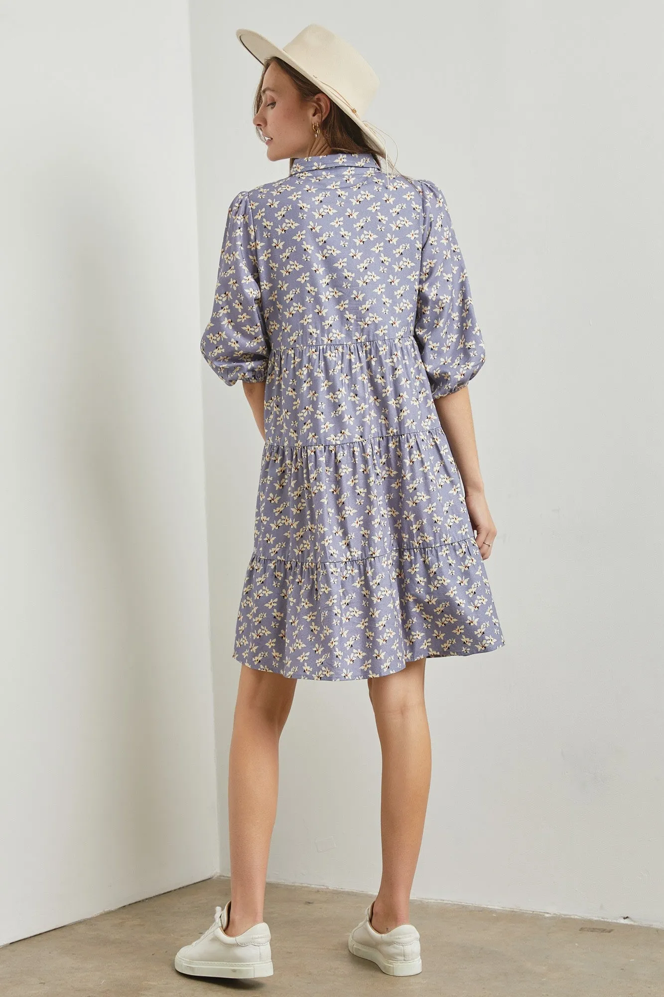 Light Blue Floral Button Front 3/4 Sleeve Dress sold by Pinkblush product image thumbnail 3