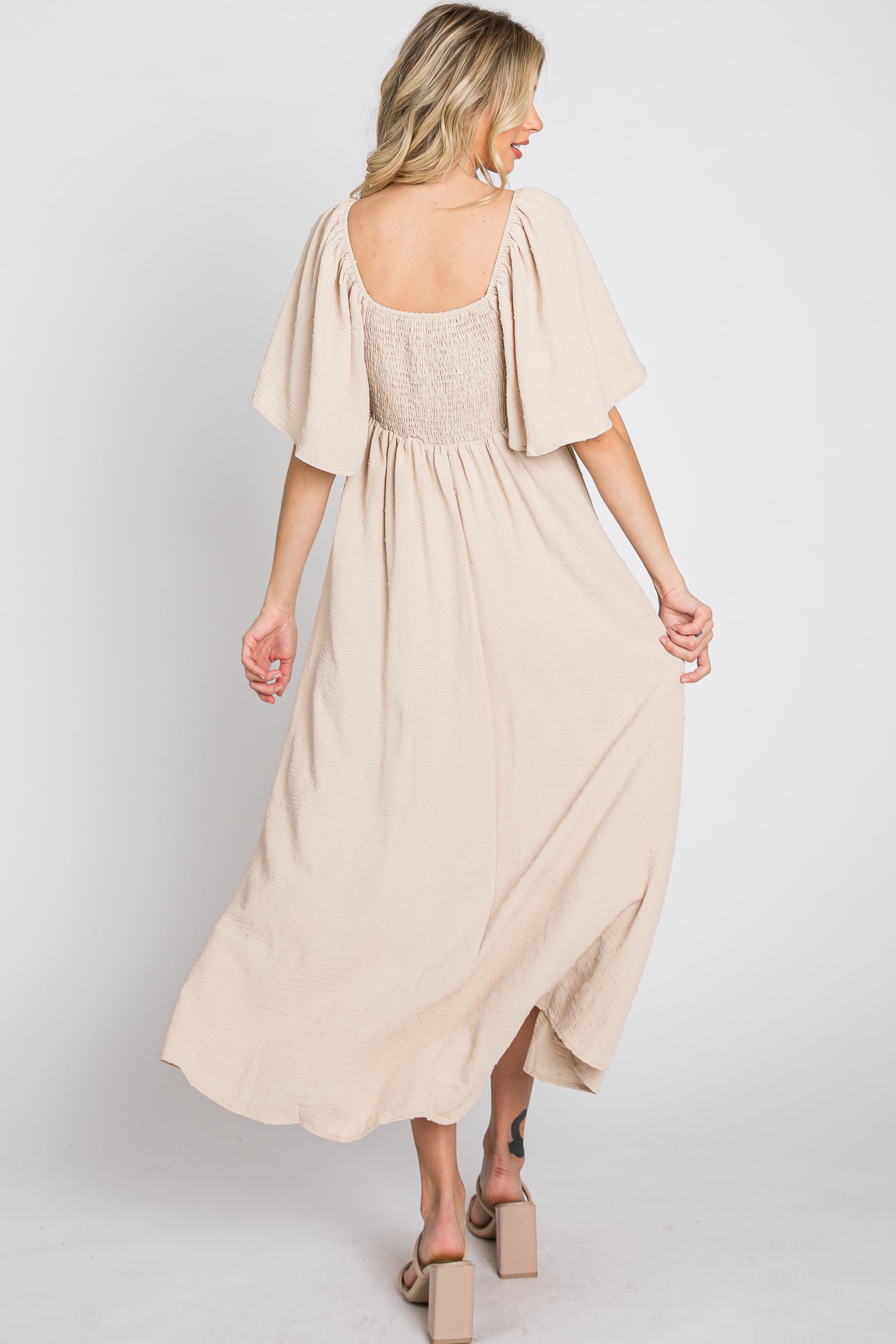 Beige Textured Dot Front Tie Ruffle Sleeve Midi Dress sold by Pinkblush product image thumbnail 8