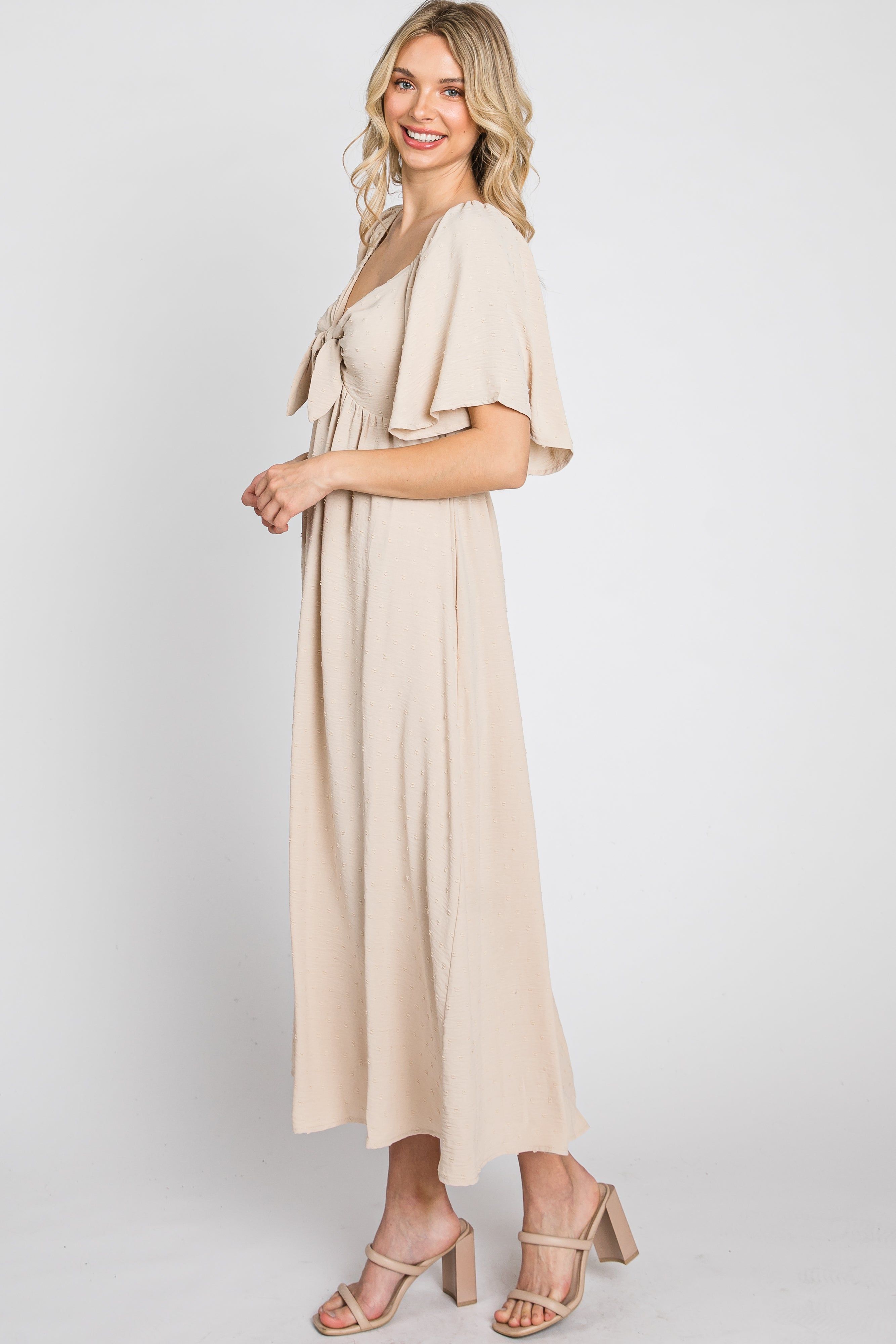 Beige Textured Dot Front Tie Ruffle Sleeve Midi Dress sold by Pinkblush product image thumbnail 5