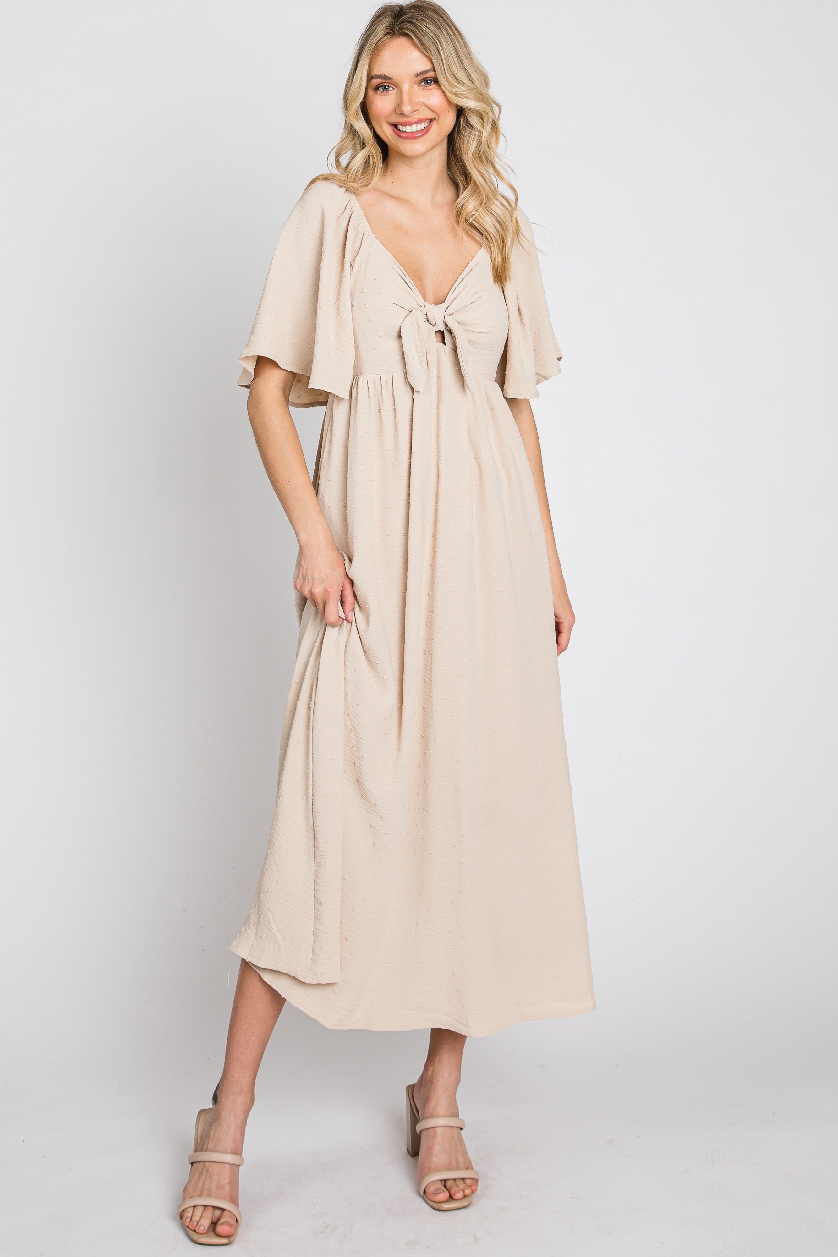 Beige Textured Dot Front Tie Ruffle Sleeve Midi Dress sold by Pinkblush product image thumbnail 2