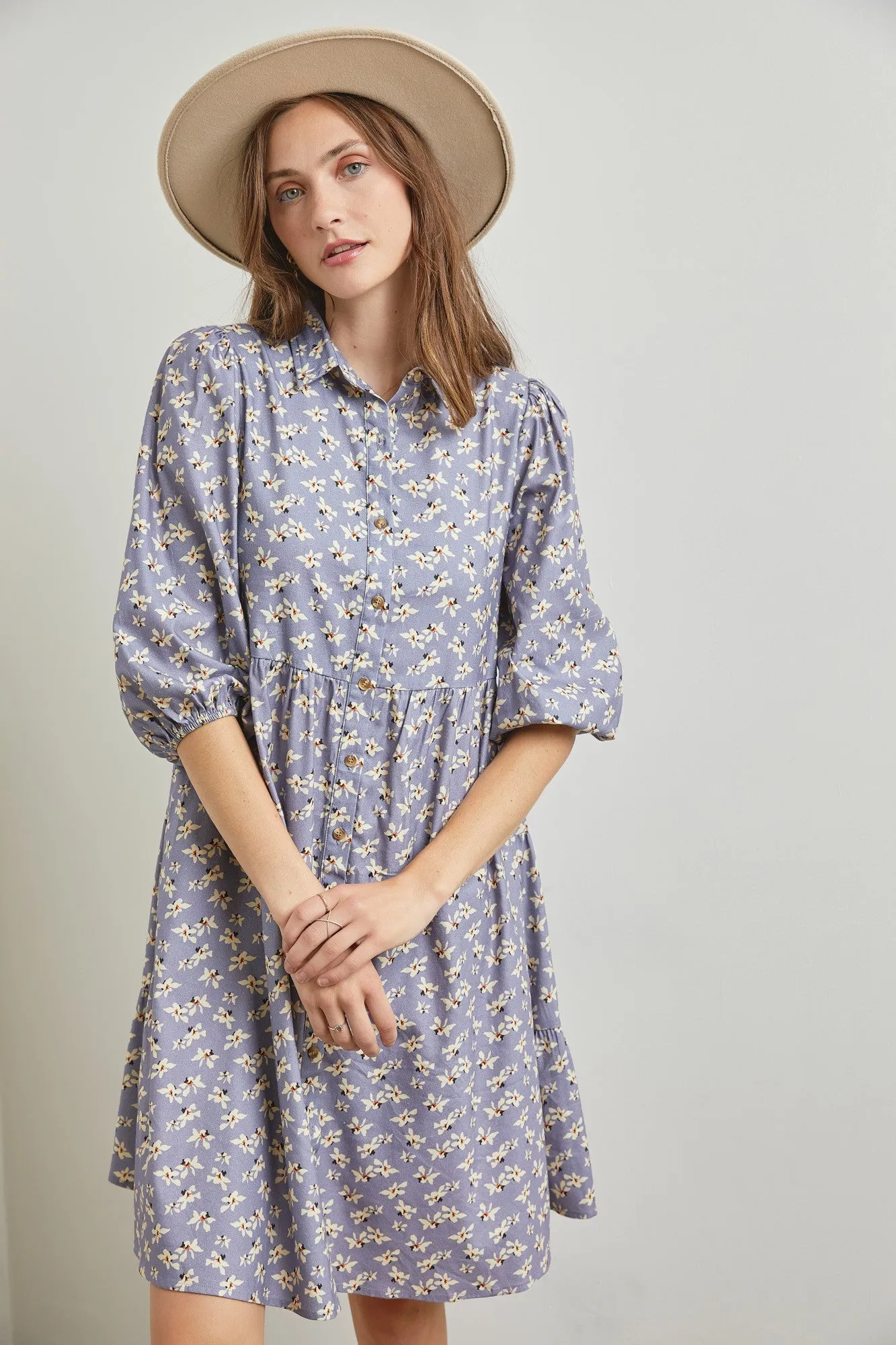 Light Blue Floral Button Front 3/4 Sleeve Dress sold by Pinkblush product image thumbnail 4