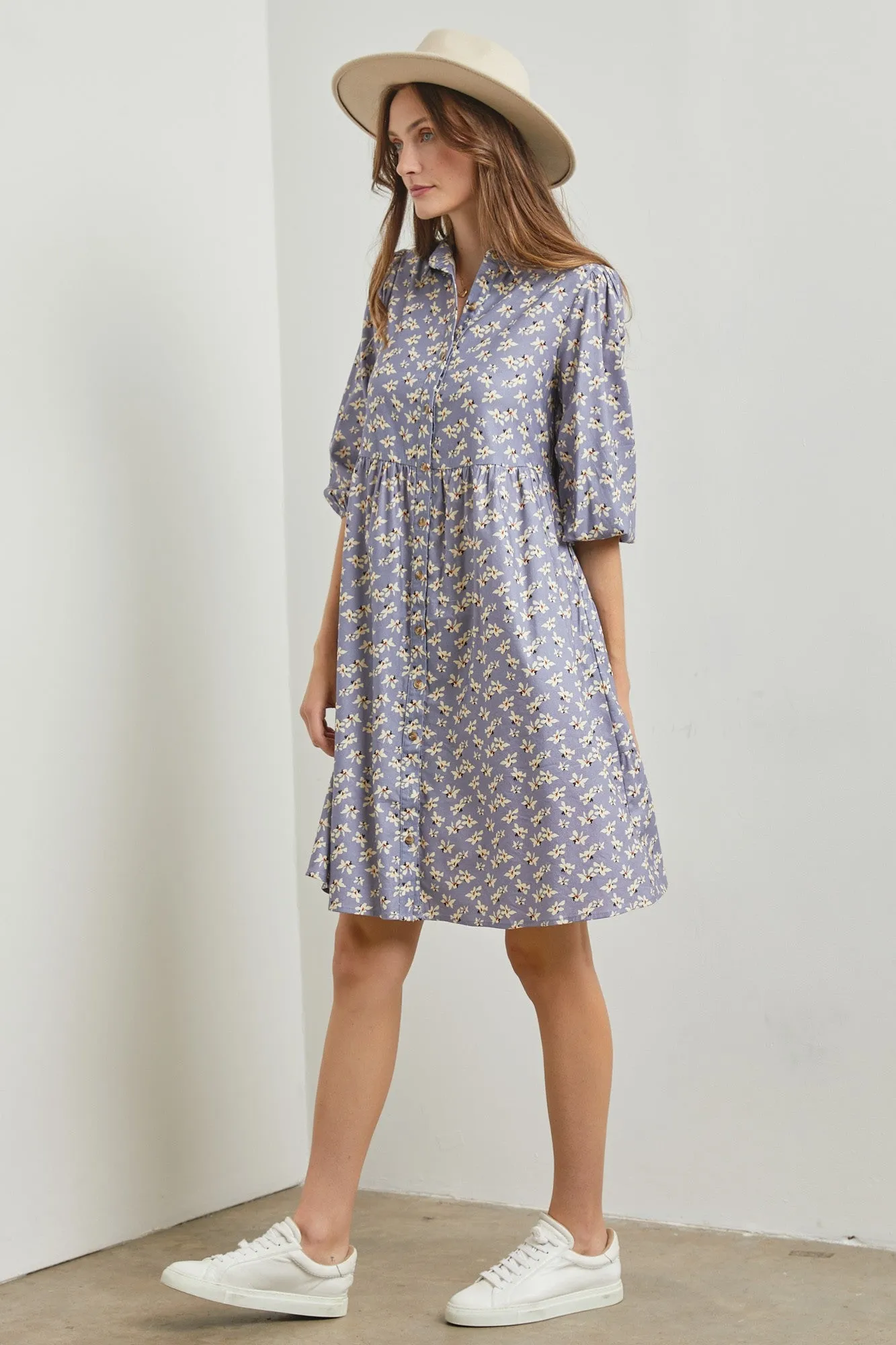 Light Blue Floral Button Front 3/4 Sleeve Dress sold by Pinkblush