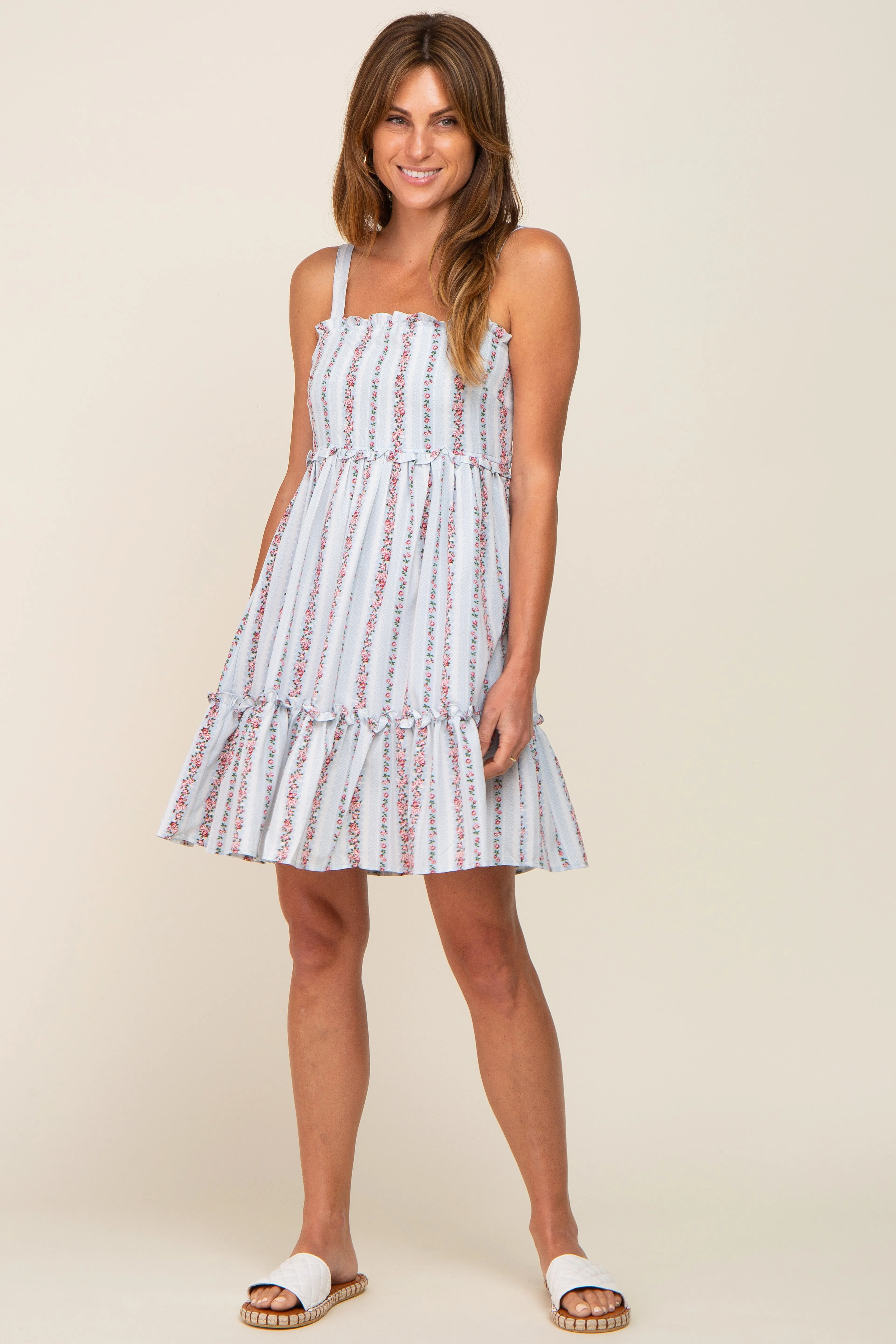 Light Blue Striped Floral Sleeveless Tiered Dress sold by Pinkblush product image thumbnail 4