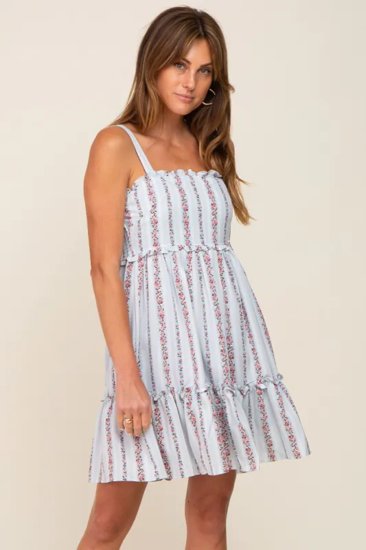 Light Blue Striped Floral Sleeveless Tiered Dress sold by Pinkblush