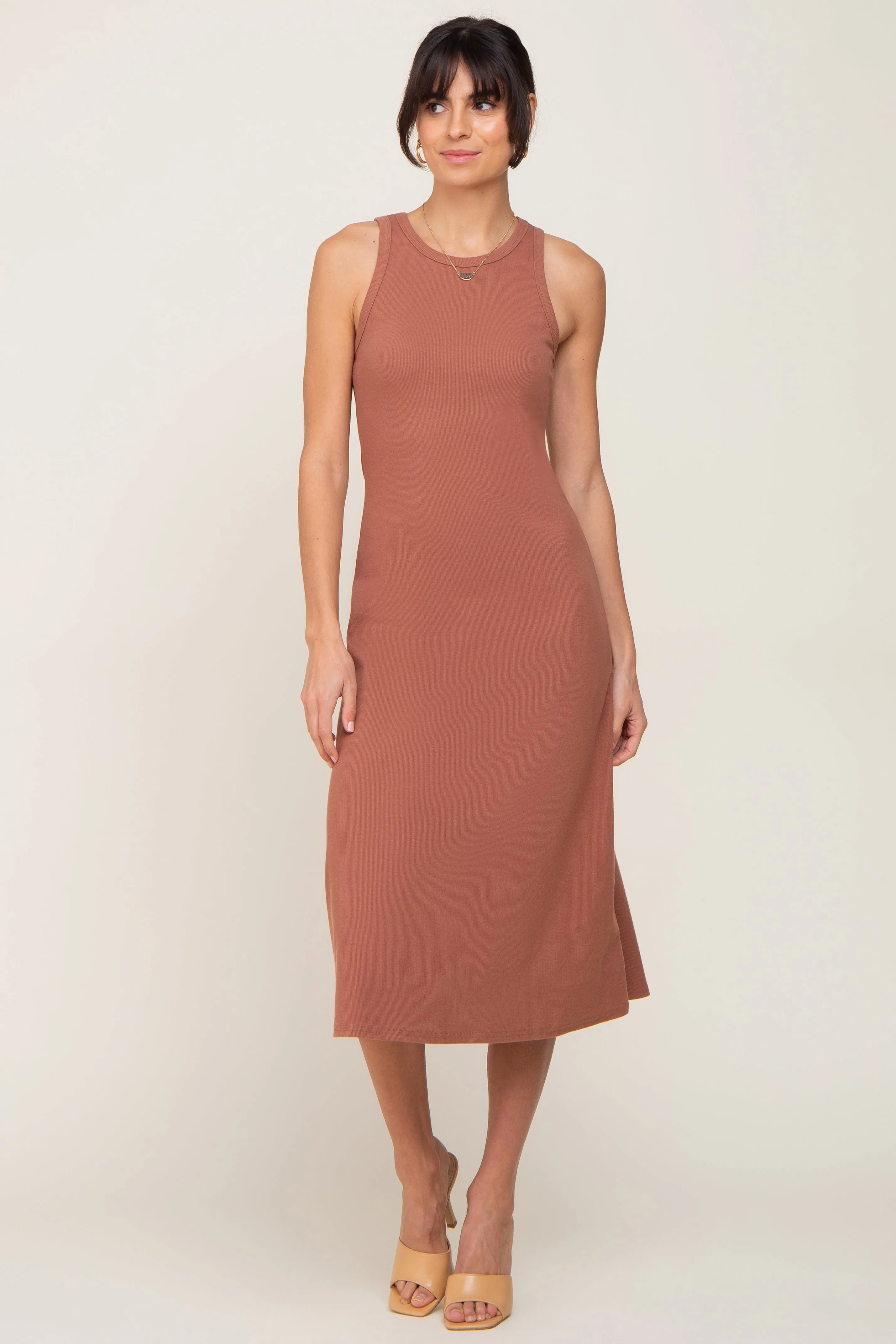 Rust Ribbed Sleeveless A-Line Midi Dress sold by Pinkblush product image thumbnail 5
