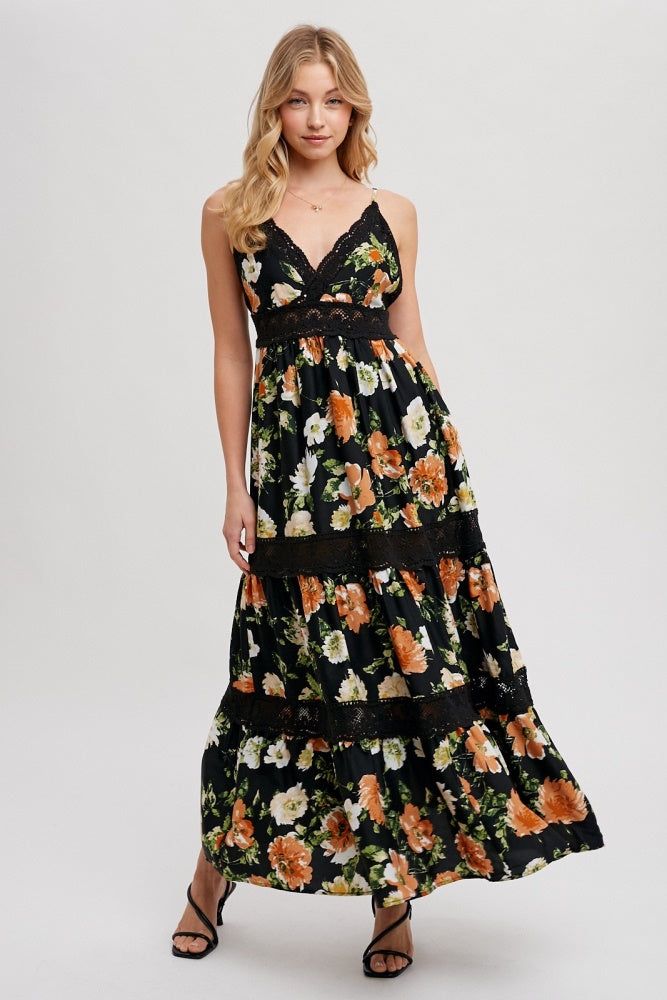 Black Floral Print Tiered Lace Contrast Maxi Dress sold by Pinkblush