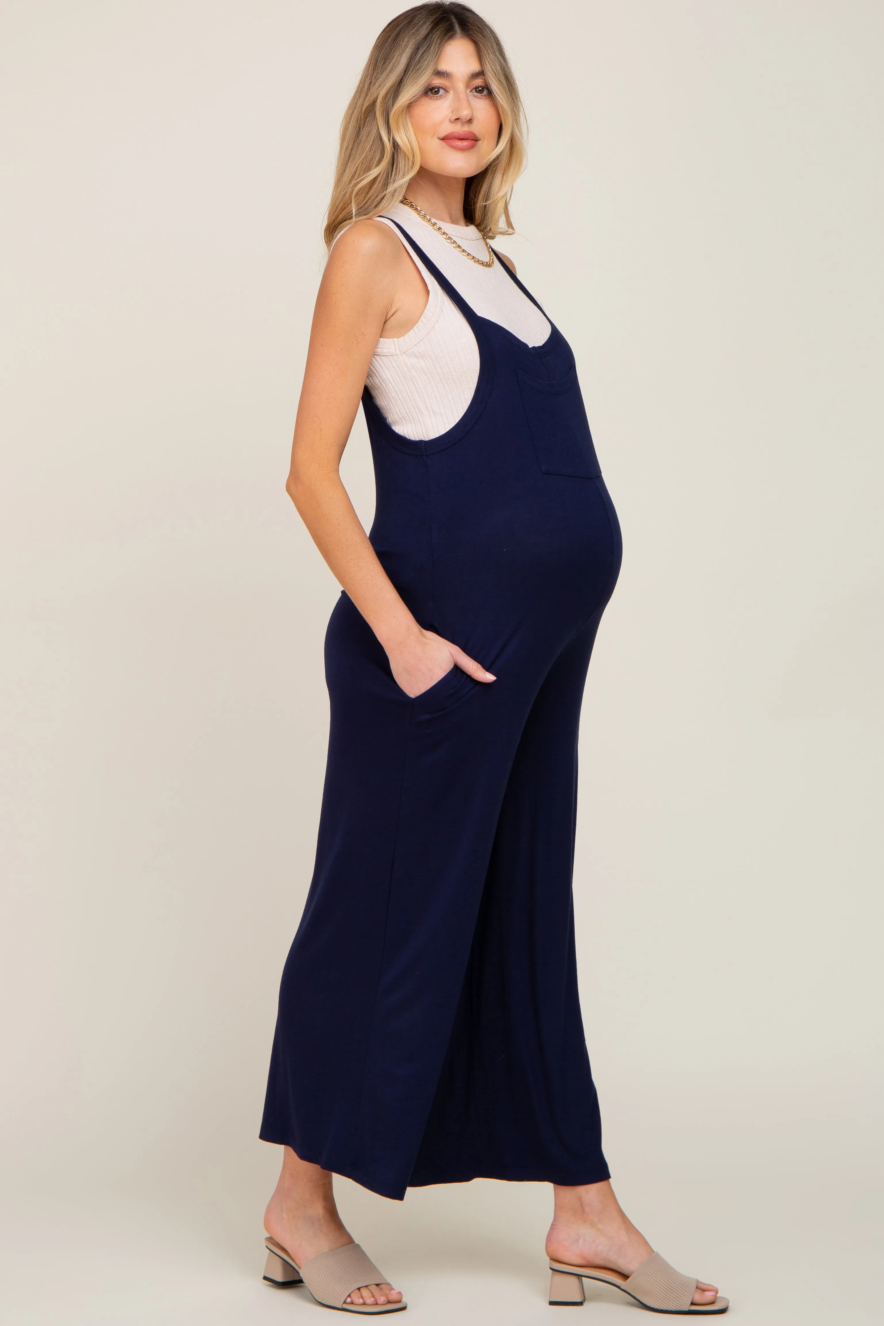 Dark Navy Sleeveless Wide Leg Maternity Jumpsuit sold by Pinkblush product image thumbnail 2
