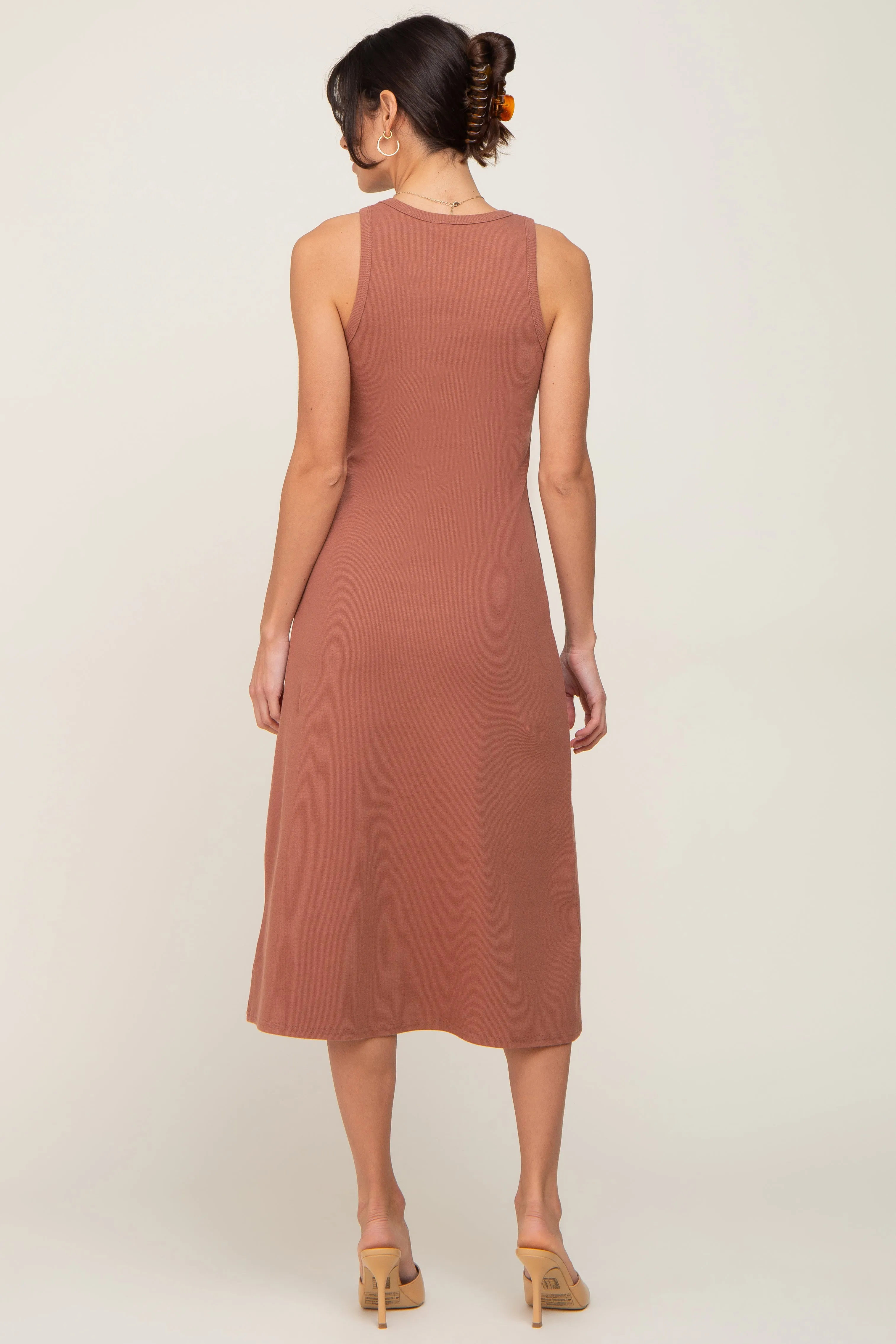 Rust Ribbed Sleeveless A-Line Midi Dress sold by Pinkblush product image thumbnail 3