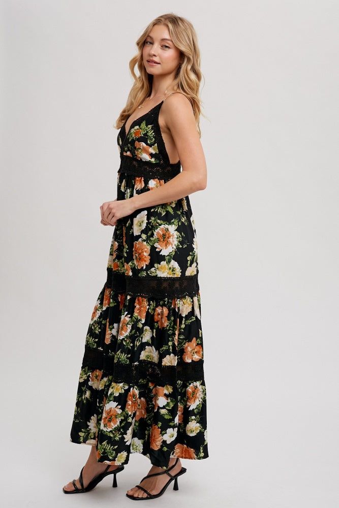 Black Floral Print Tiered Lace Contrast Maxi Dress sold by Pinkblush product image thumbnail 2