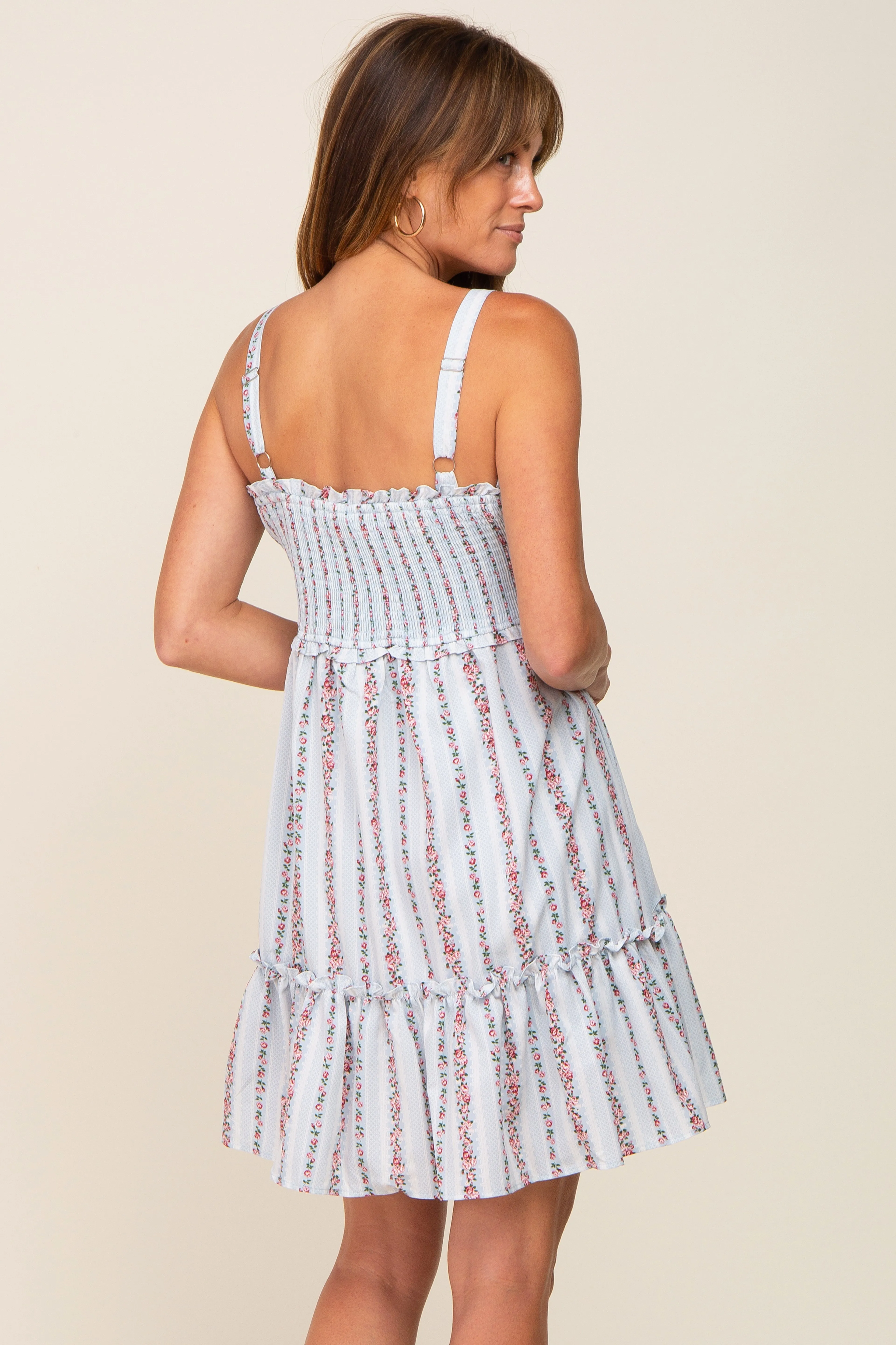 Light Blue Striped Floral Sleeveless Tiered Dress sold by Pinkblush product image thumbnail 3