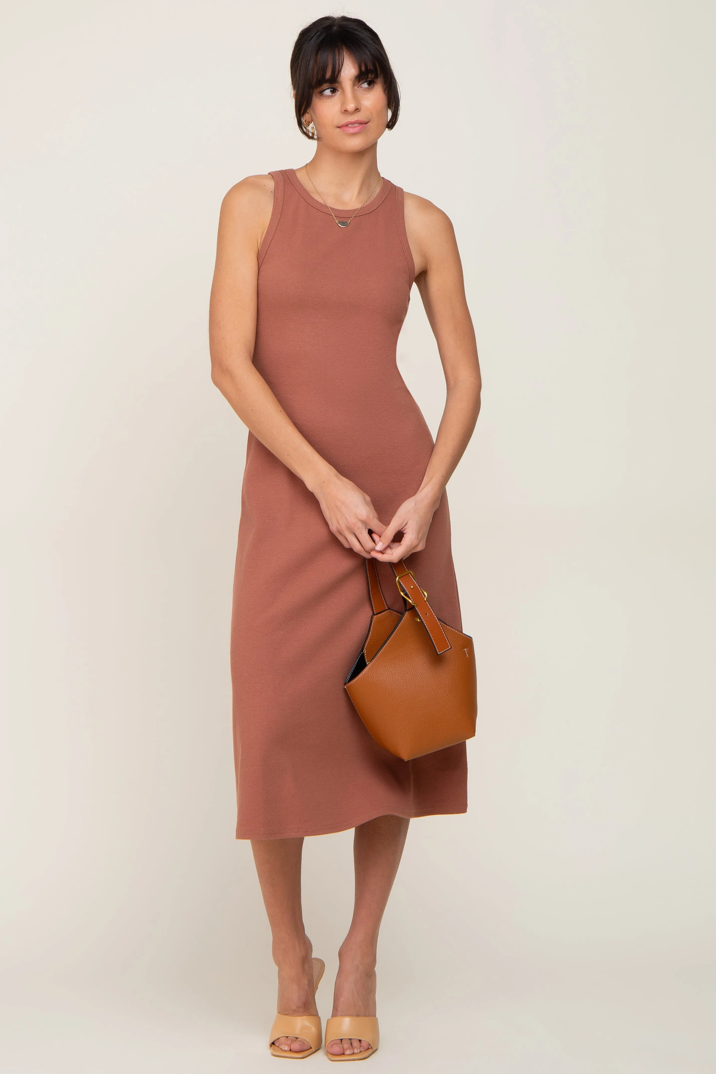 Rust Ribbed Sleeveless A-Line Midi Dress sold by Pinkblush product image thumbnail 4