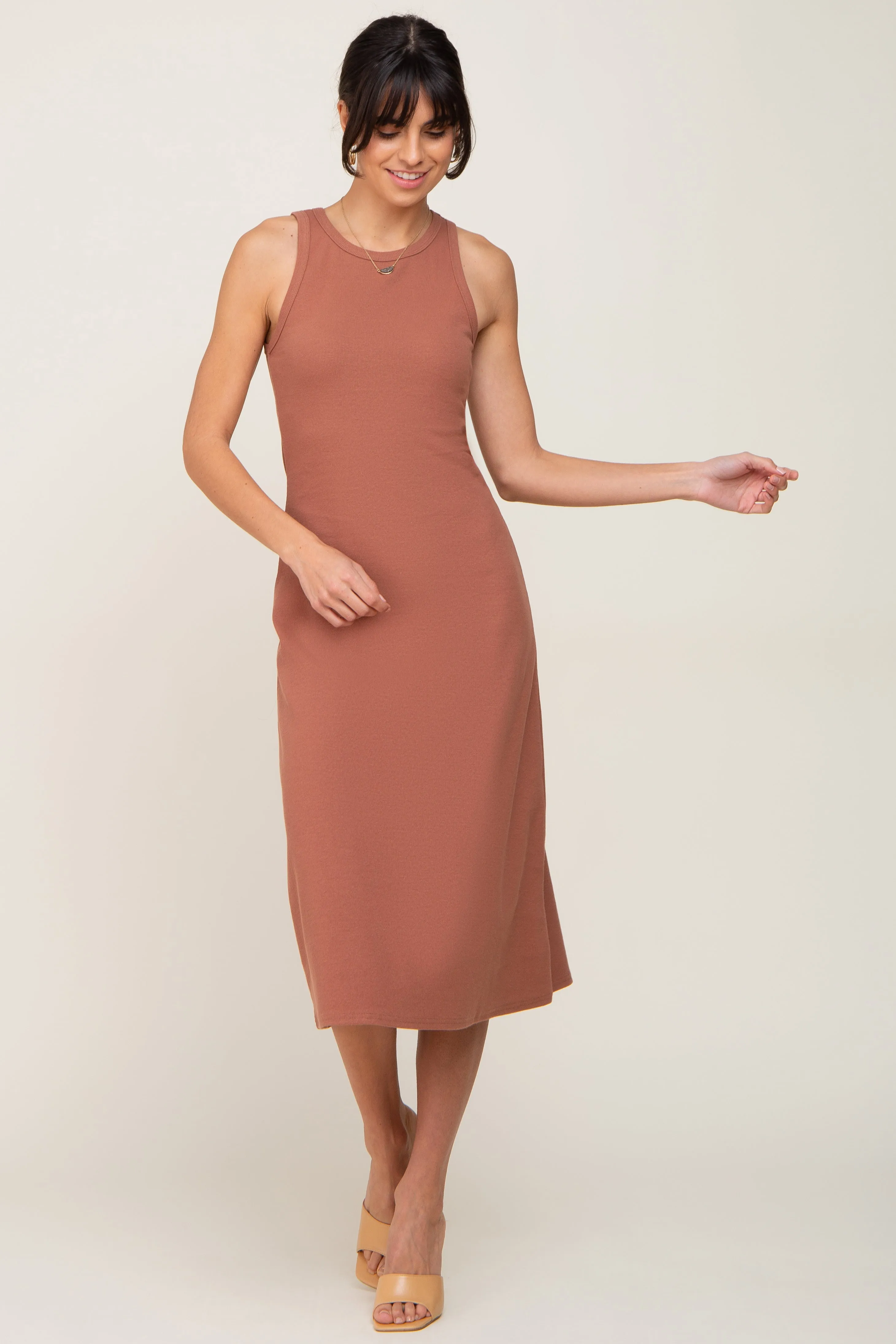 Rust Ribbed Sleeveless A-Line Midi Dress sold by Pinkblush