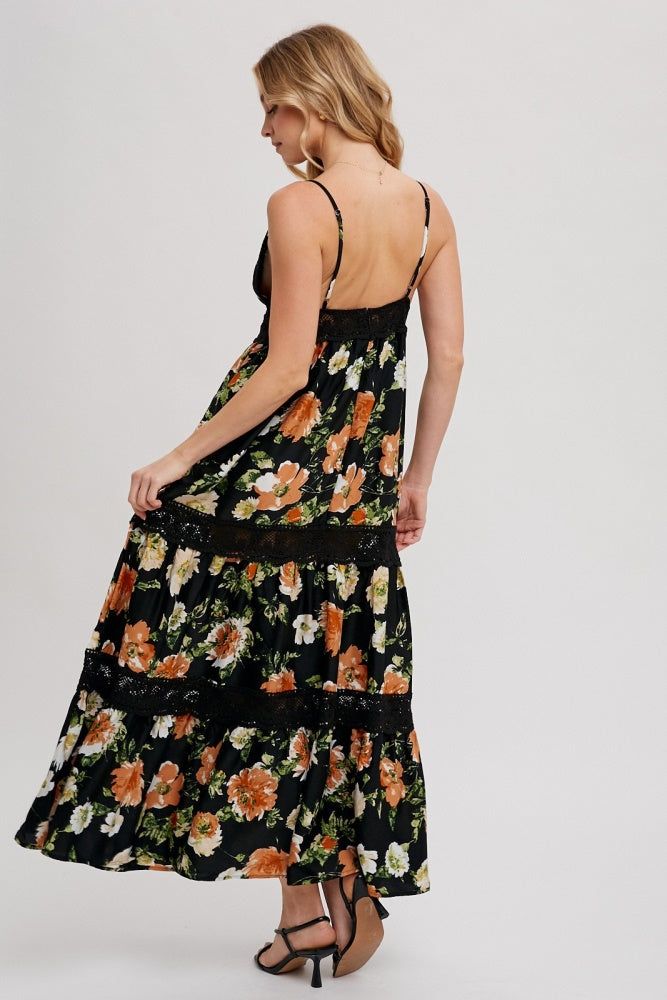 Black Floral Print Tiered Lace Contrast Maxi Dress sold by Pinkblush product image thumbnail 3