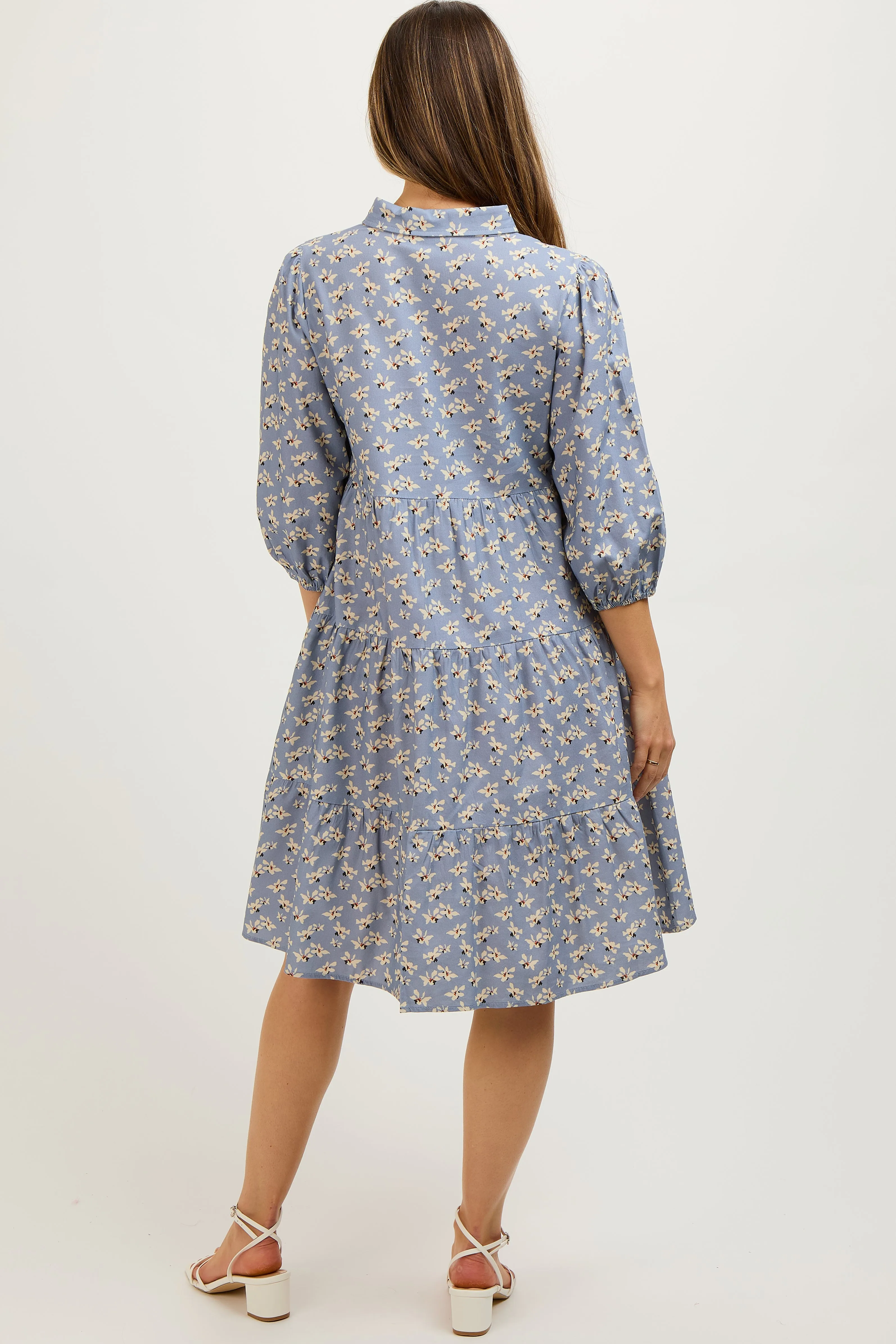 Light Blue Floral Button Front 3/4 Sleeve Maternity Dress sold by Pinkblush product image thumbnail 4