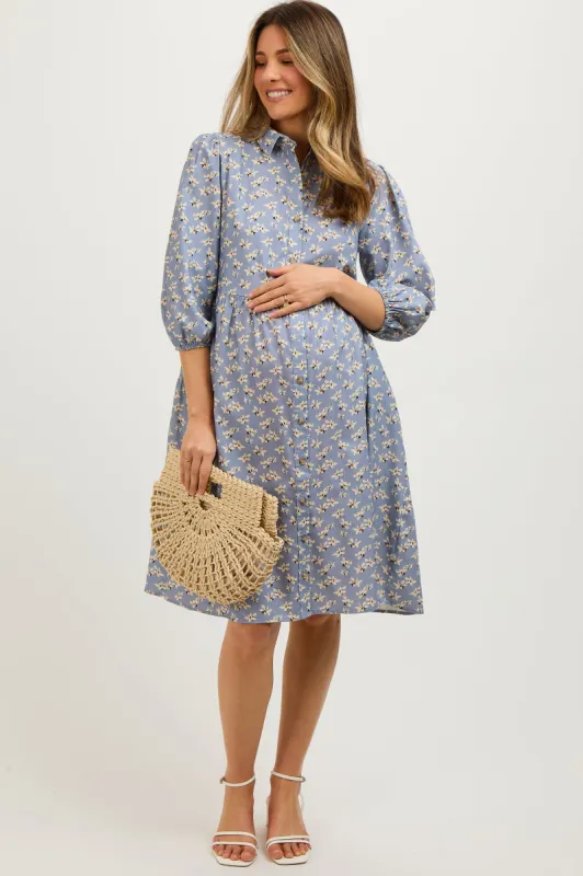 Light Blue Floral Button Front 3/4 Sleeve Maternity Dress sold by Pinkblush