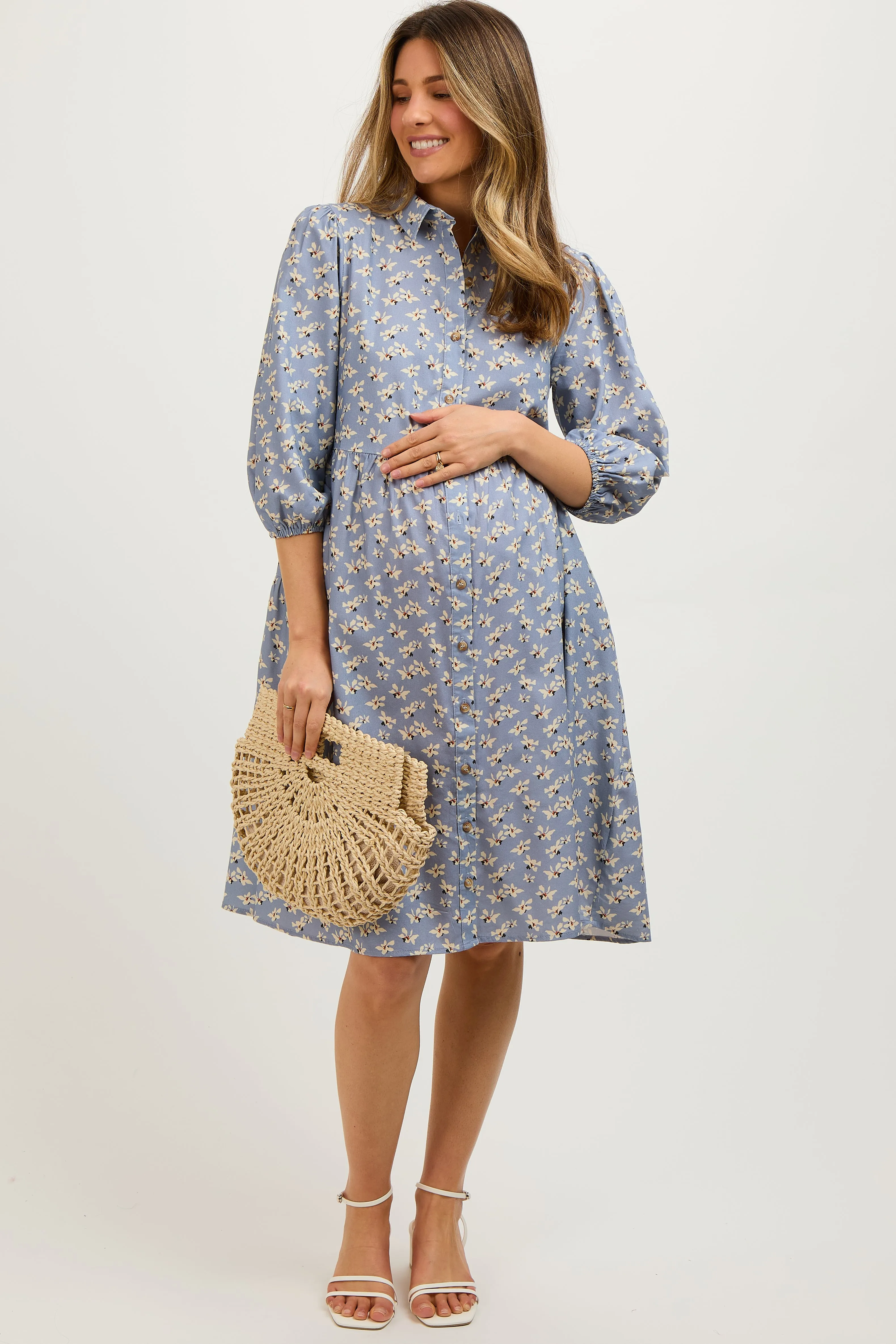 Light Blue Floral Button Front 3/4 Sleeve Maternity Dress sold by Pinkblush