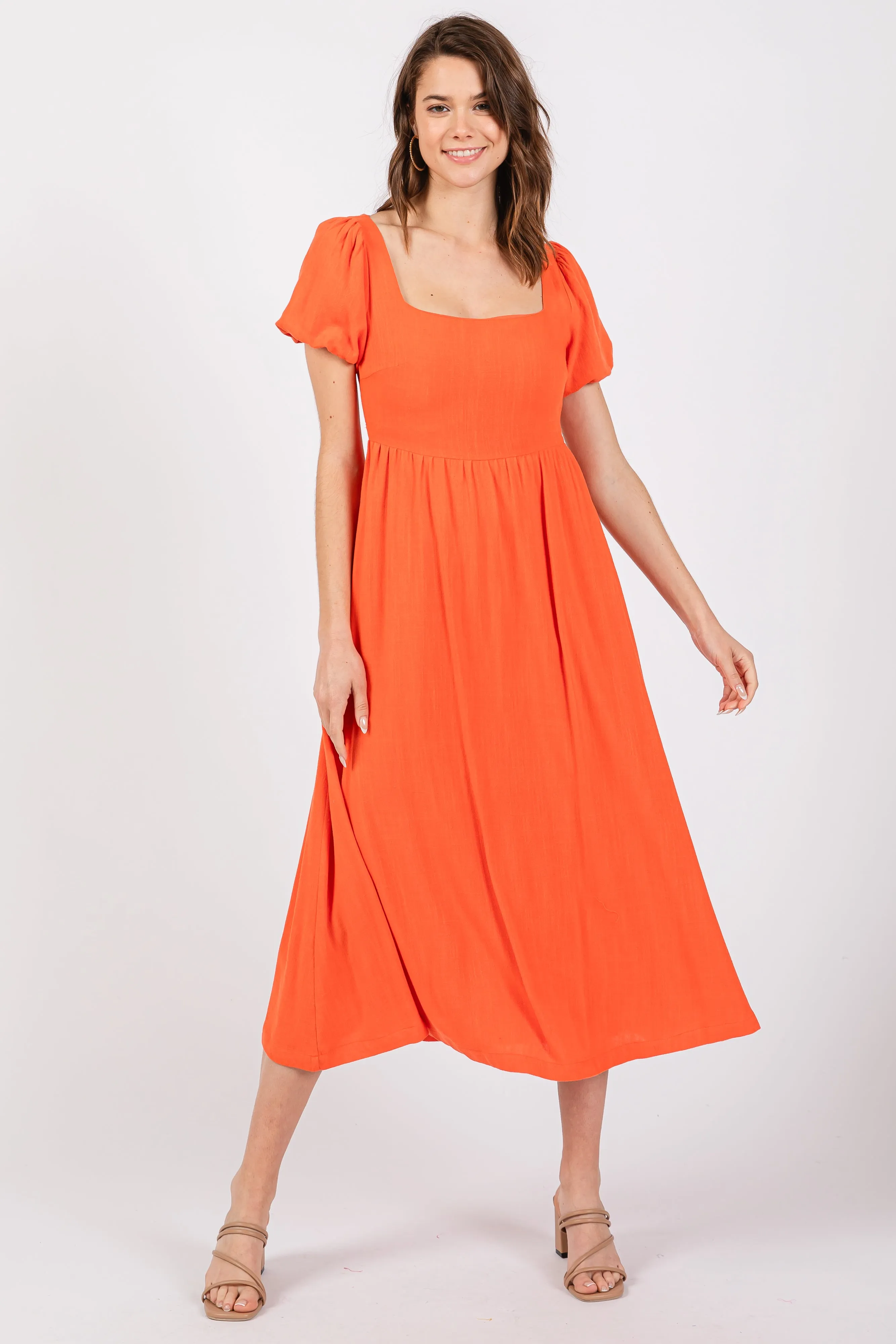 Coral Puff Sleeve Linen Maternity Midi Dress sold by Pinkblush product image thumbnail 5