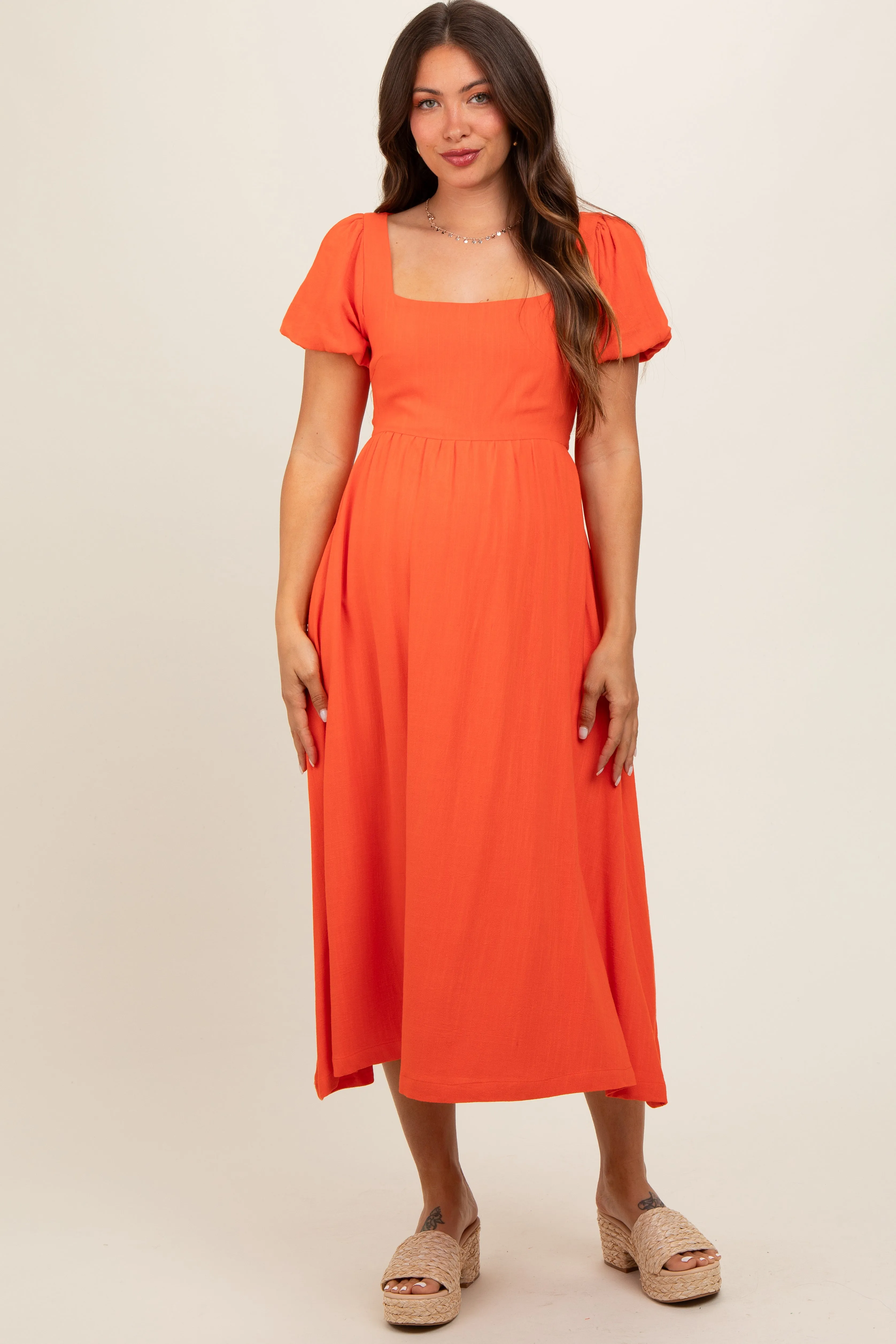 Coral Puff Sleeve Linen Maternity Midi Dress sold by Pinkblush product image thumbnail 2